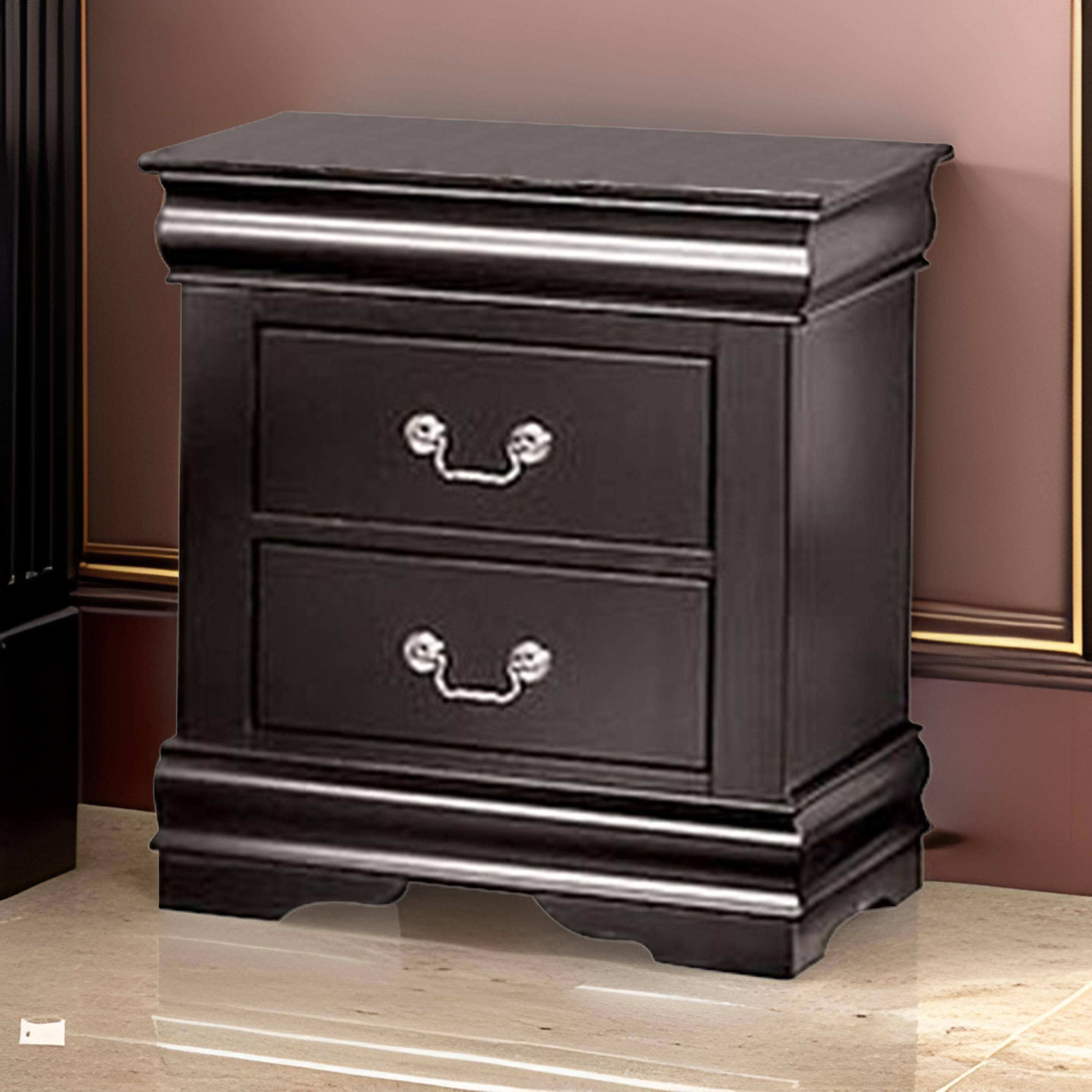 Alt View 5. Manhattan Lane - Ryla Nightstand, 2 Drawers, Solid Wood, Nickel Metal Drop Handles - Black, Nickel.