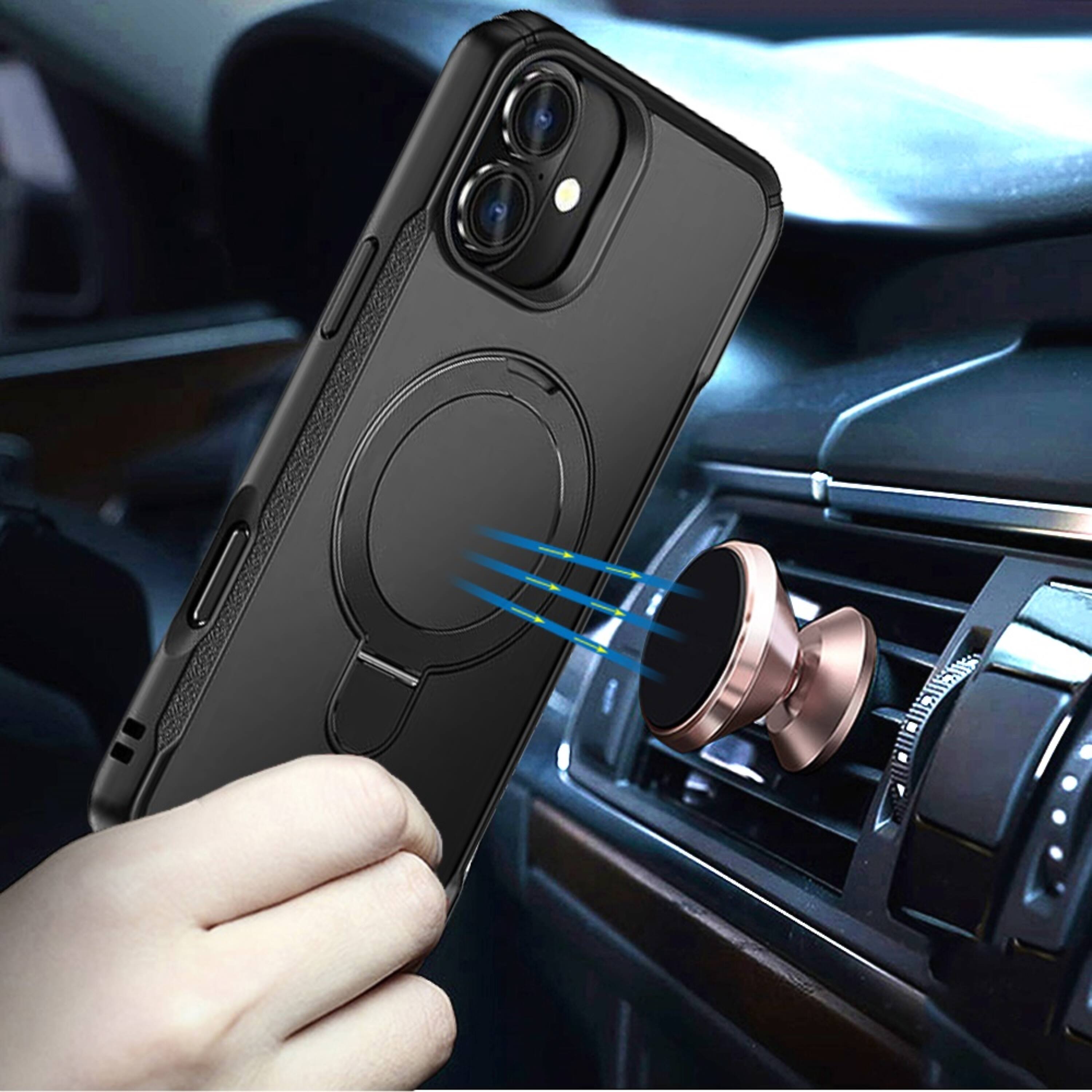 Left. Kitcheniva - Matte Magnetic Circle Metal Stand Phone Case With Tempered Glass For iPhone 17 Black - Black.
