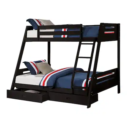 Front. Vaczon - Twin Over Full Bunk Bed with Storage Drawers, Solid Wood Kids Bed Frame with Ladder and Safety Rails - Black.