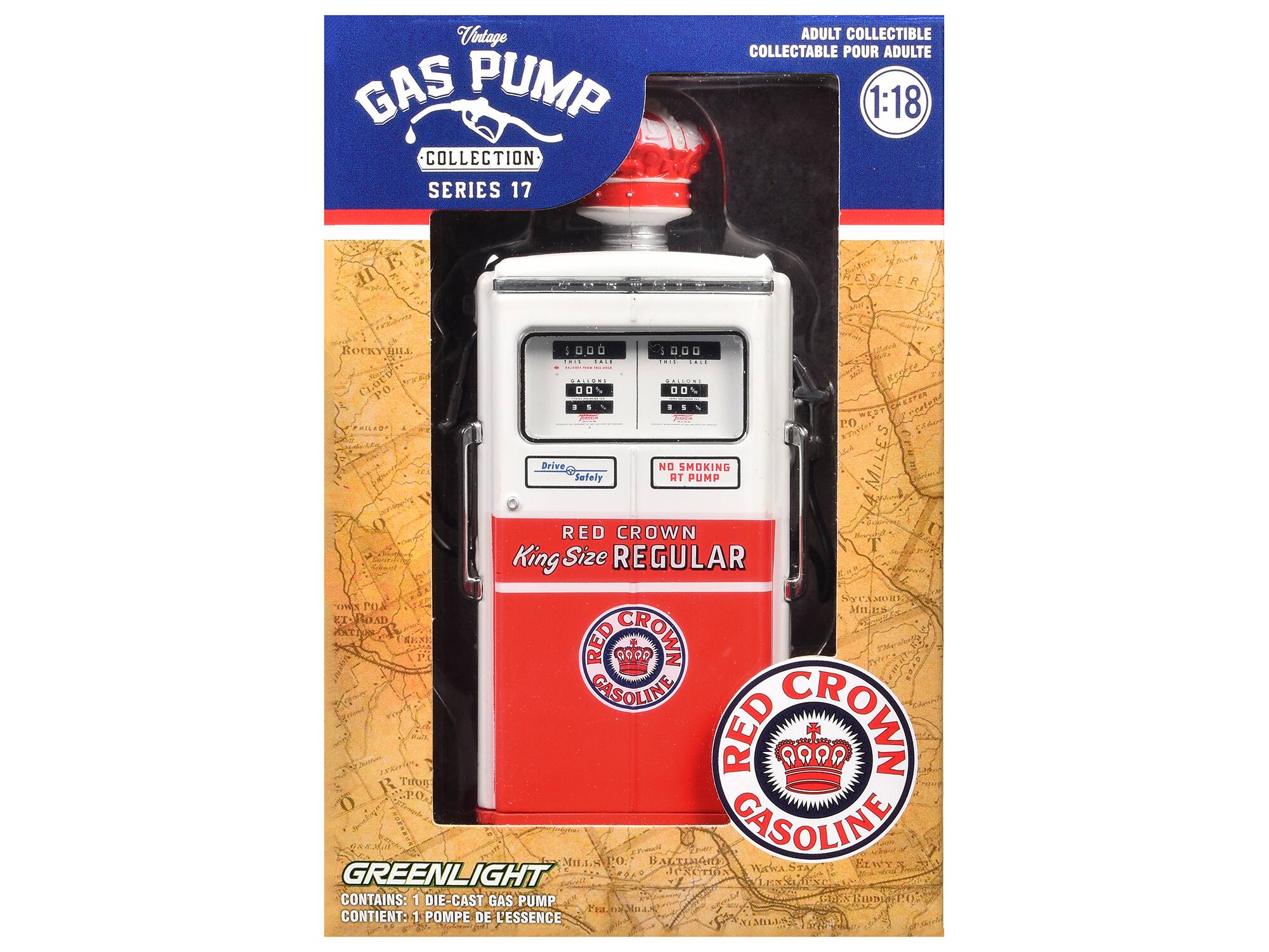 Vintage GAS PUMP COLLECTION SERIES 17  
ADULT COLLECTIBLE POUR ADULTE  
1:18  

RED CROWN  
King Size REGULAR  

Drive Safely  
NO SMOKING AT PUMP  

GREENLIGHT  
CONTAINS: 1 DIE-CAST GAS PUMP  
CONTIENT: 1 POMPE DE L'ESSENCE  

RED CROWN  
GASOLINE