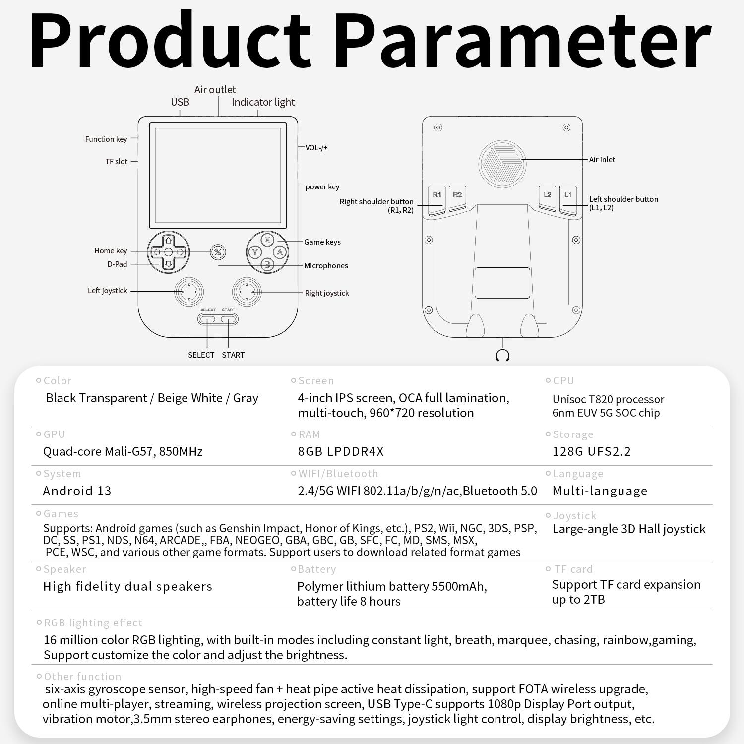 Product Parameter:
- USB outlet
- Indicator light
- Function VOL-* power shoulder button (R1,R2)
- Shoulder button (L.1.L2)
- Microphones
- Joystick
- Joystick
- SELECT
- START
- Color: Black, Transparent, Beige, White, Gray
- GPU: Quad-core Mali-G57, 850MHz
- System: Android
- Screen: 4-inch IPS screen, OCA full lamination, Unisoc T820 processor, multi-touch, 960*720 resolution
- RAM: 8GB LPDDR4X
- Storage: 128G UFS2.2
- WIFI/Bluetooth: 2.4/5G WIFI 802.11a/b/g/n/ac, Bluetooth 5.0
- Language: Multi-language
- Games: Joystick supports various game formats, including Android games (such as Genshin Impact, Honor Kings, etc.), PS2, Wii, NGC, 3DS, PSP, Large-angle 3D Hall joystick DC SS, PS1, NDS, N64, ARCADE, FBA, NEOGEO, GBA, GBC, GB, SFC, FC, MD, SMS, MSX, PCE, WSC, and more.
- Speaker: High fidelity dual speakers
- Battery: Polymer lithium battery 5500mAh, supports TF card expansion
- Card: Supports TF card expansion
- High fidelity dual speakers
- Battery life hours: Up to 2TB
- RGB lighting effect: Million color RGB