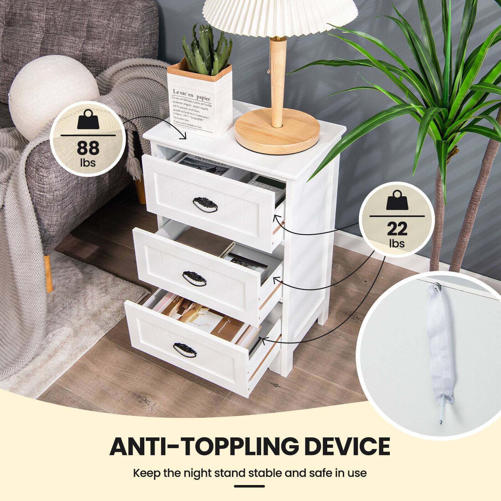 Le sac en papier Woulde

88 lbs

22 lbs

ANTI-TOPPLING DEVICE
Keep the night stand stable and safe in use