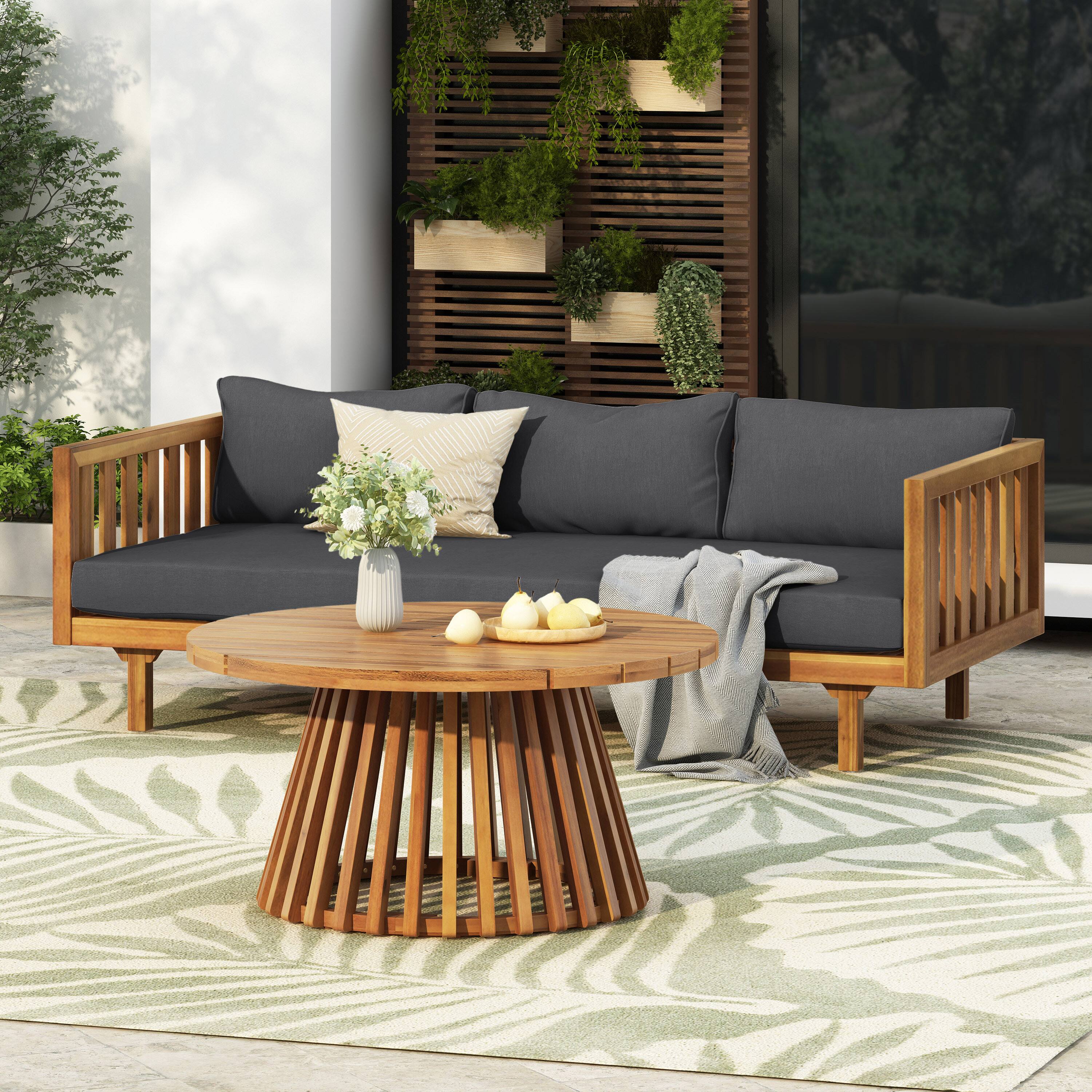 Angle. Siljoy - Acacia Wood Outdoor 3-Seater Daybed with Water-Resistant Thick Cushions & Round Coffee Table - Dark Grey - Dark Grey.