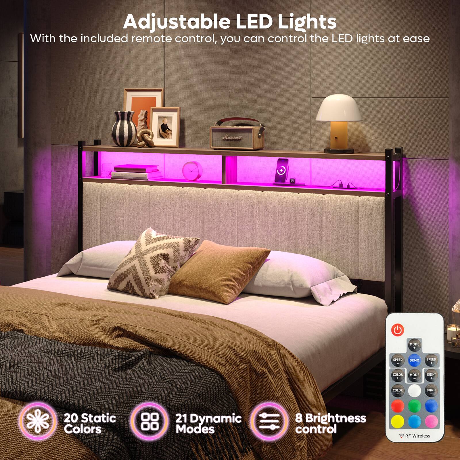 Adjustable LED Lights With the included remote control, you can control the LED lights at ease. 20 Static Colors 21 Dynamic Modes 8 Brightness control.