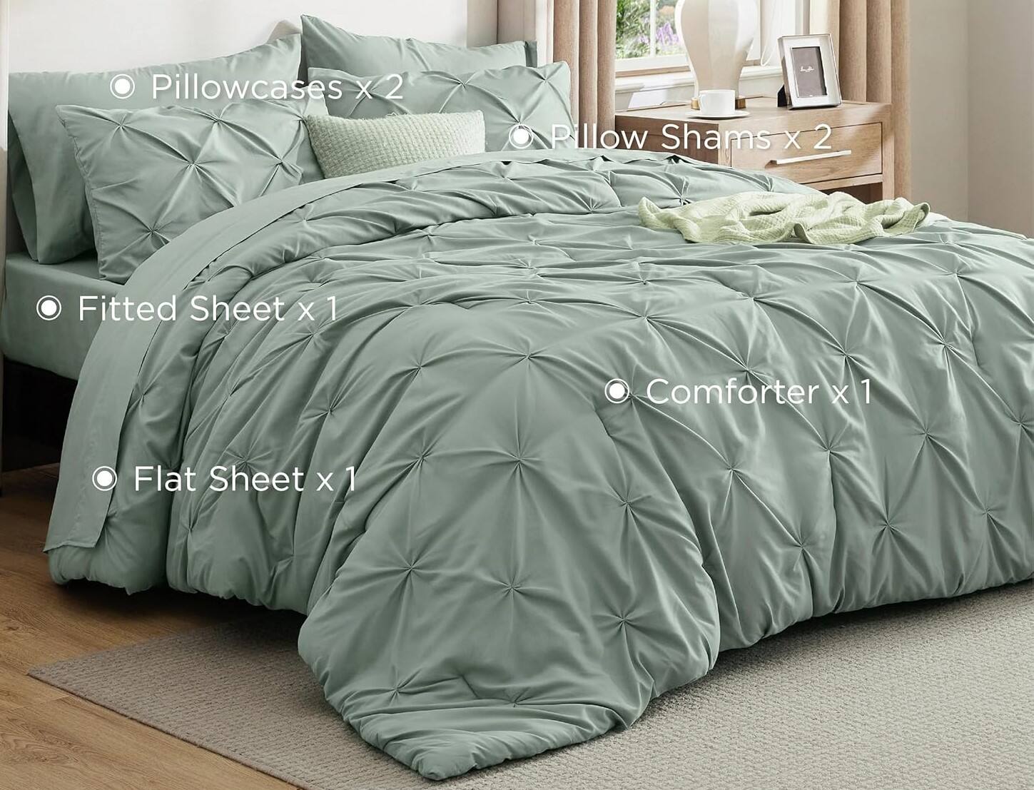 Pillowcases X 2  
Pillow Shams X 2  
Fitted Sheet X 1  
Comforter X 1  
Flat Sheet X 1