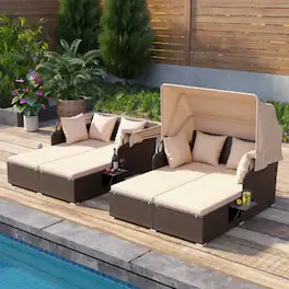 Mondawe - 5" Outdoor Rattan Daybed w Retractable Canopy & Side Tables PE Wicker 2 Seat Cushions - Mix Brown+Beige