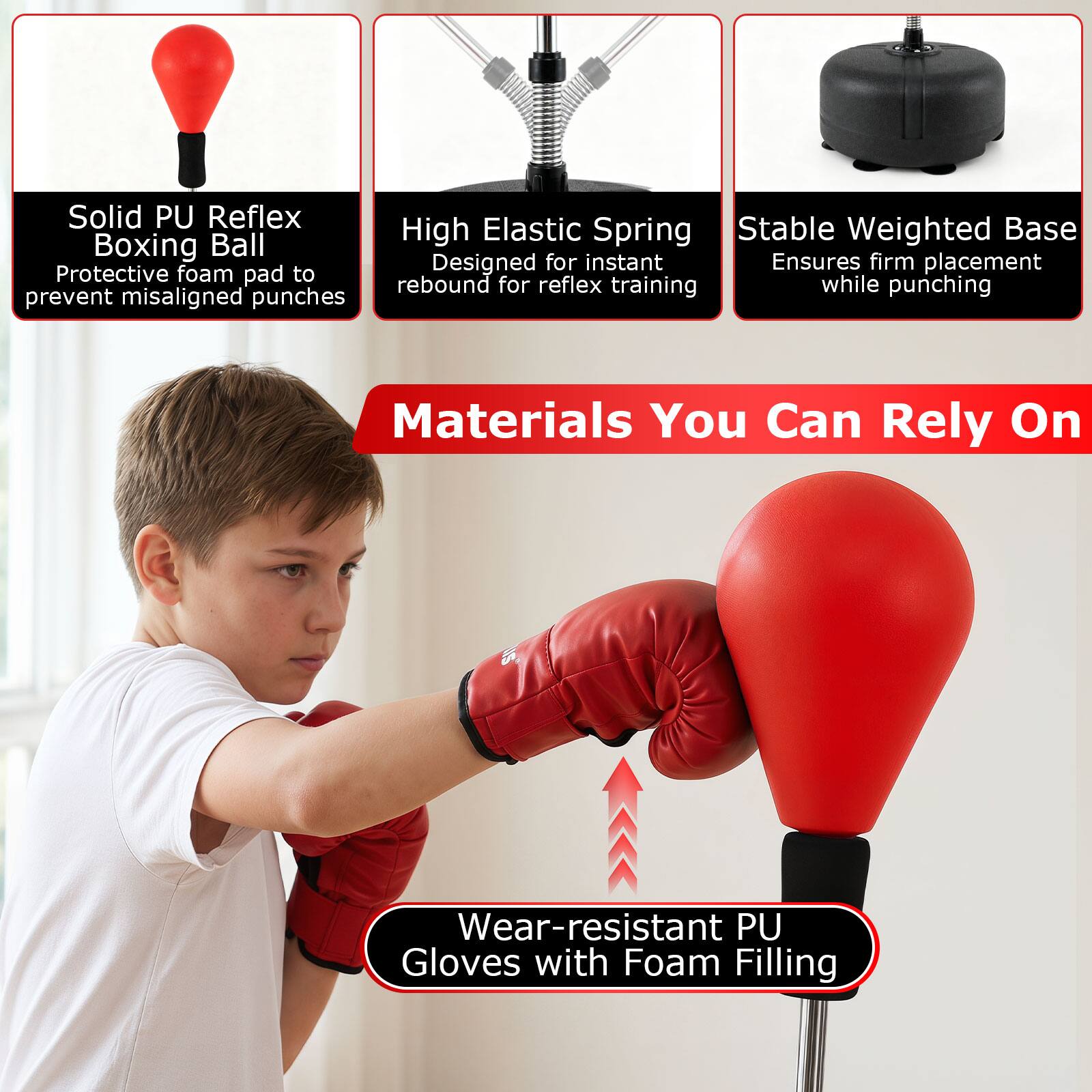 Solid PU Reflex Boxing Ball  
Protective foam pad to prevent misaligned punches  

High Elastic Spring  
Designed for instant rebound for reflex training  

Stable Weighted Base  
Ensures firm placement while punching  

Materials You Can Rely On  

Wear-resistant PU Gloves with Foam Filling