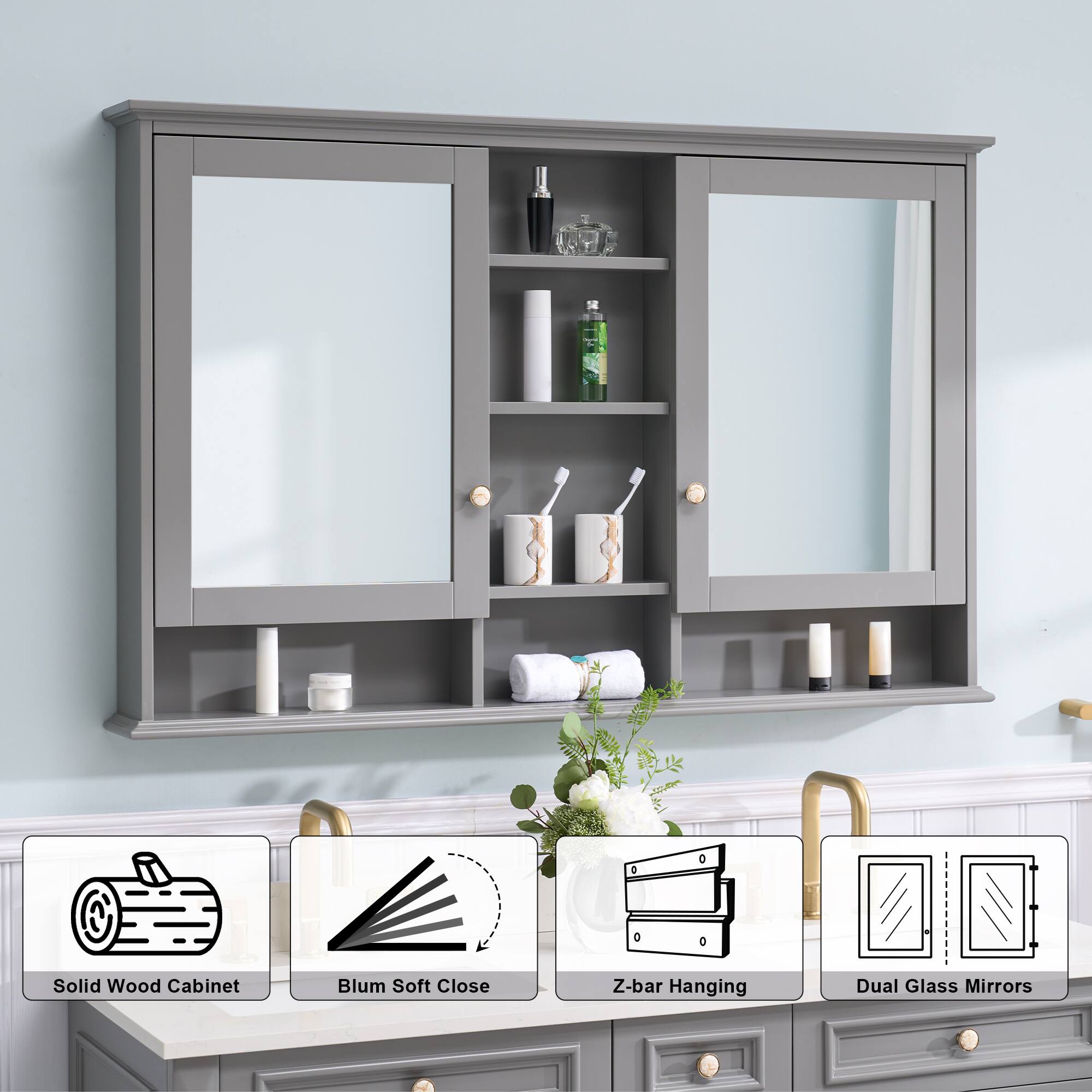 Solid Wood Cabinet Blum Soft Close Z-bar Hanging Dual Glass Mirrors