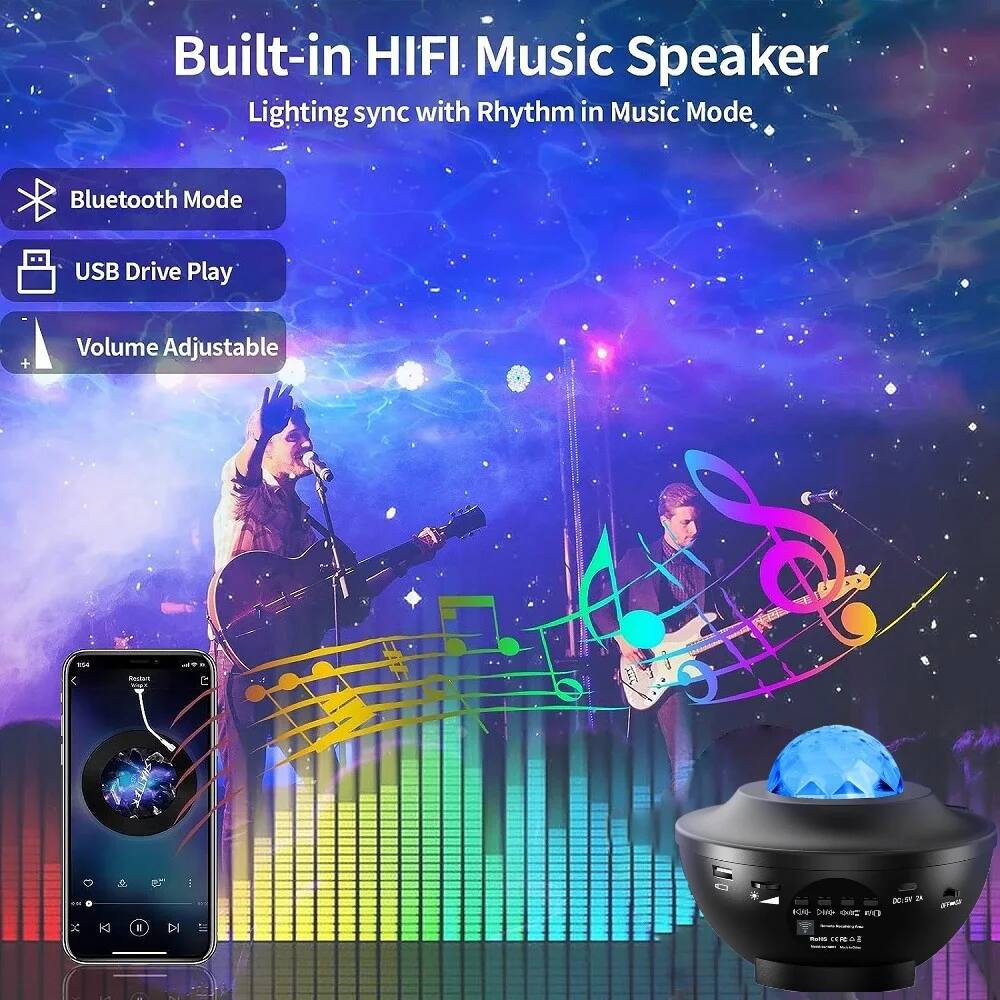 Built-in HIFI Music Speaker  
Lighting sync with Rhythm in Music Mode

- Bluetooth Mode
- USB Drive Play
- Volume Adjustable