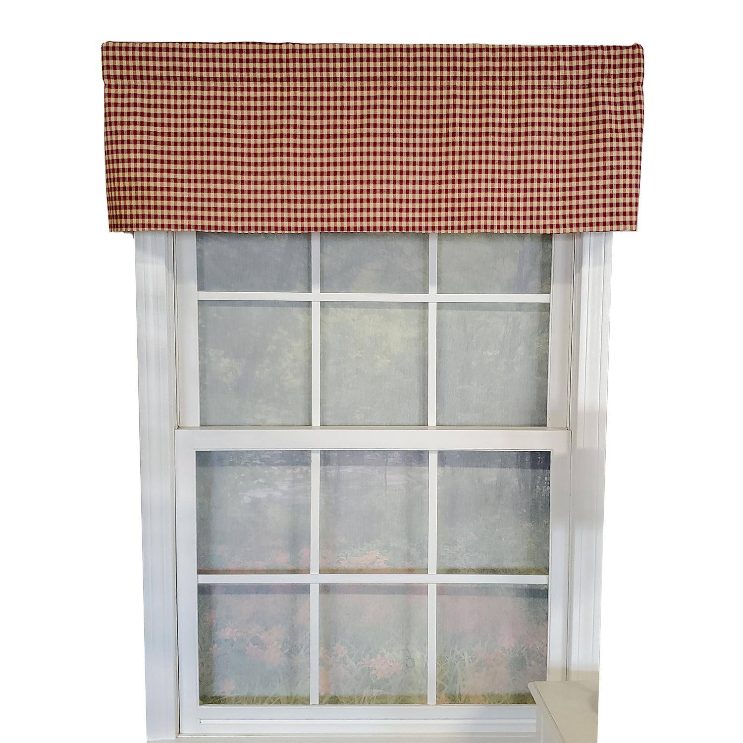 Front. RLF Home - RLF Home Rusty Check Tailored 100% Cotton with Fully Lined 3" Rod Pocket Valnance for Windows 50" x 14" Red - Red.