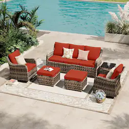 Yardgrace - 6-Piece Patio Set w/ Swivel Rocking Chairs, Outdoor Wicker Sofa, Waterproof Cushions for Backyard Lawn Porch - Red