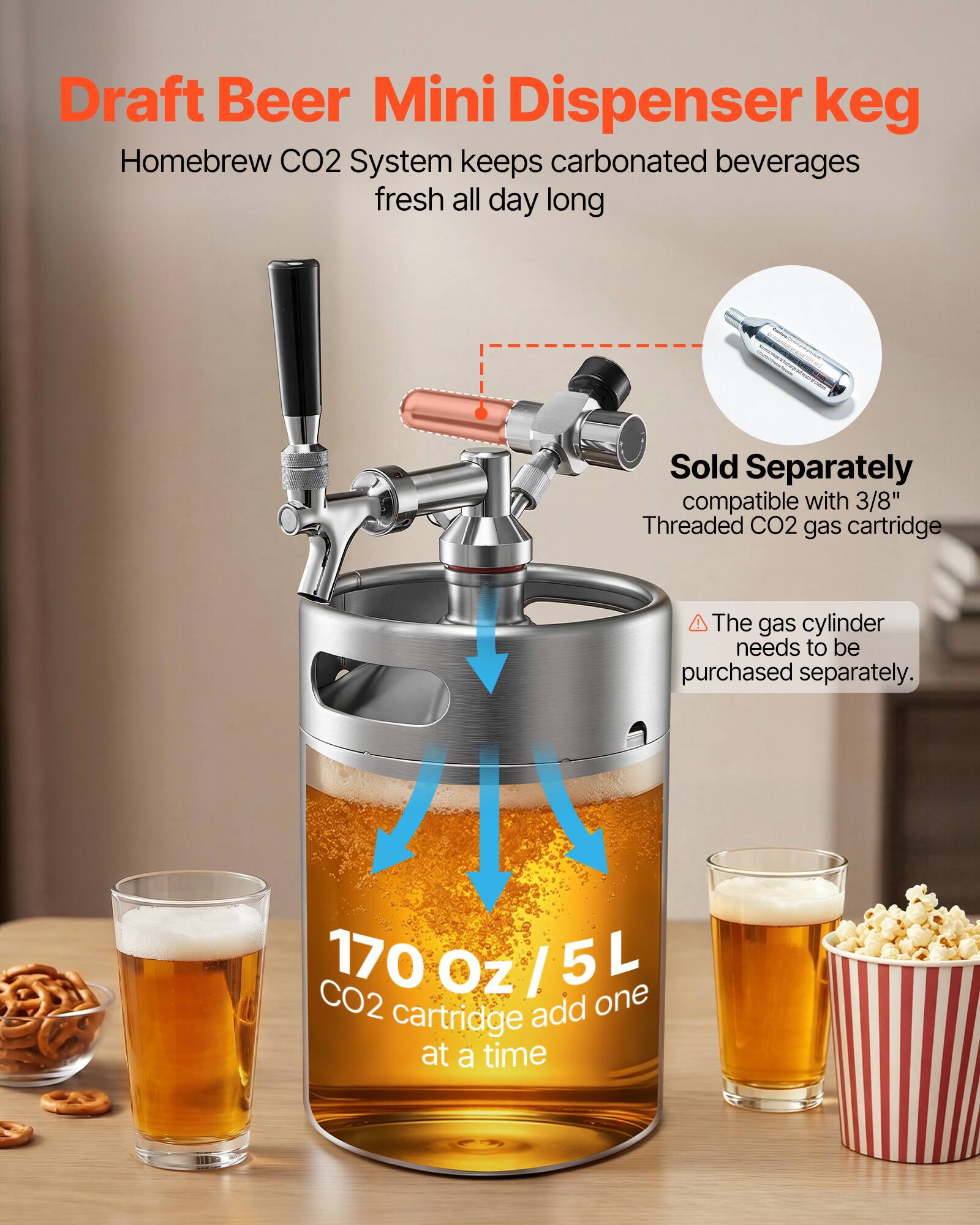 Draft Beer Mini Dispenser keg  
Homebrew CO2 System keeps carbonated beverages fresh all day long  
Sold Separately  
compatible with 3/8" Threaded CO2 gas cartridge  
The gas cylinder needs to be purchased separately.  
170 Oz / 5 L  
CO2 cartridge add one at a time