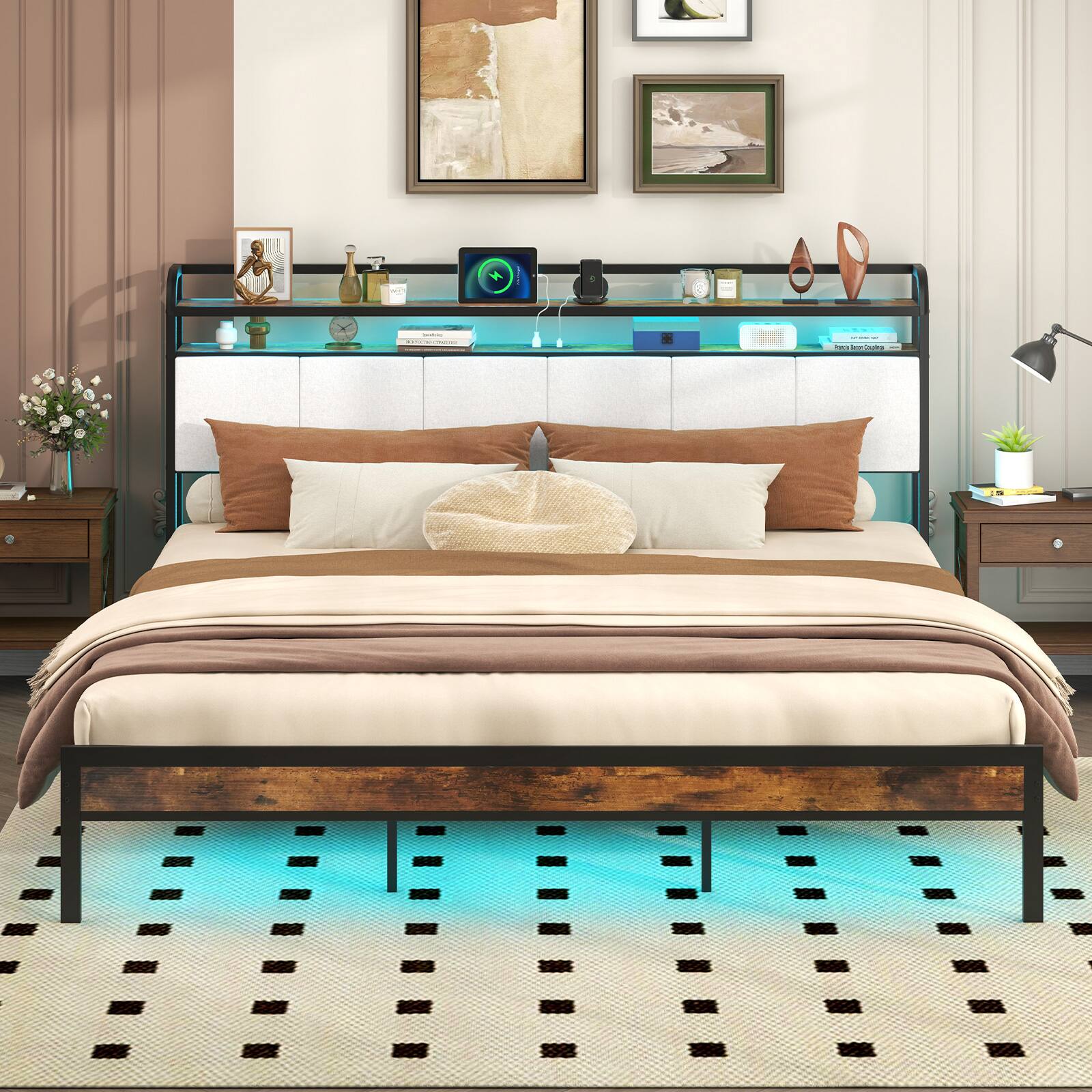 Alt View 3. Gymax - Gymax King Size Bed Frame w/LED Light & Charging Station Heavy Duty Metal Platform Bed - Rustic Brown, Black, Grey.