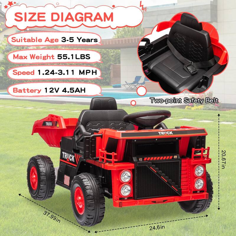 Sure, here is the corrected and grouped text from the image:

---

**SIZE DIAGRAM**

- **Suitable Age:** 3-5 Years
- **Max Weight:** 55.1 LBS
- **Speed:** 1.24-3.11 MPH
- **Battery:** 12V 4.5AH
- **Two-point Safety Belt**

---

**Dimensions:**

- **Length:** 37.99in
- **Width:** 20.67in
- **Height:** 24.6in

---