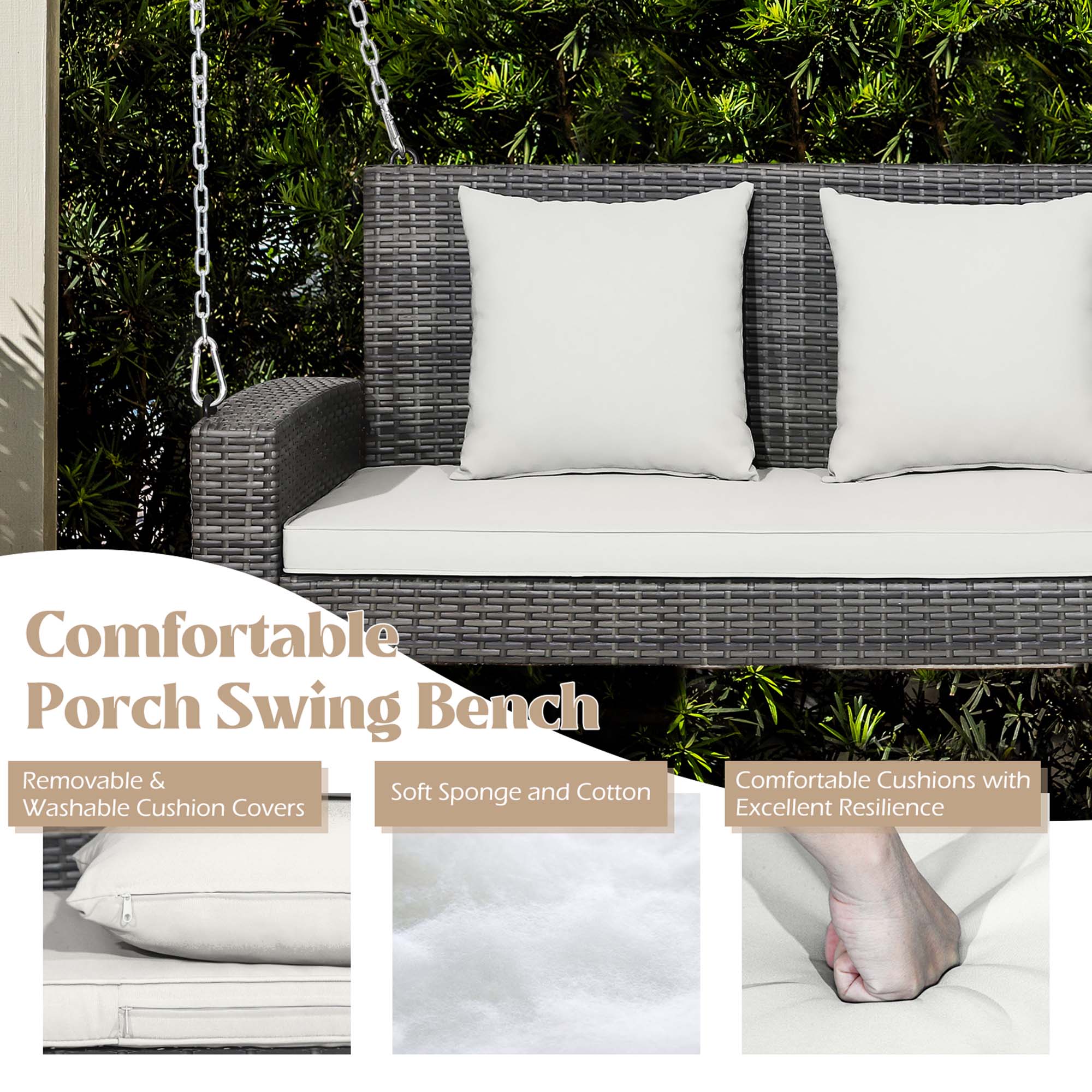 Alt View 5. Gymax - Gymax 2-Person Patio Hanging Porch Swing Rattan 800LBS Swing Bench w/ Off White Cushions - Off White.