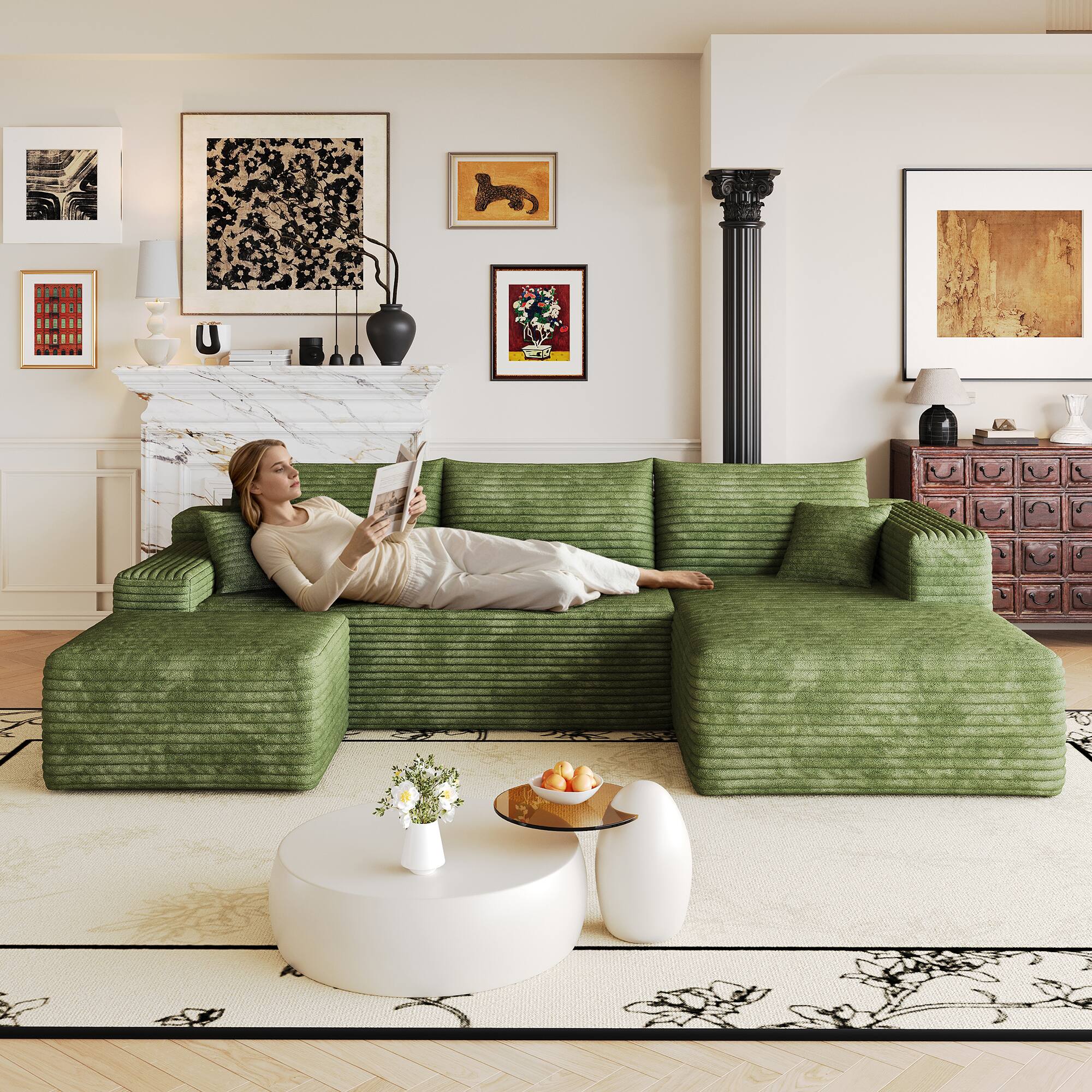 Alt View 4. Meqiodas - Modular Sectional Sofa, L Shaped Could Couch with Ottoman, Wide Deep Seat Comfy Couch for Living Room, Bedroom - Green.