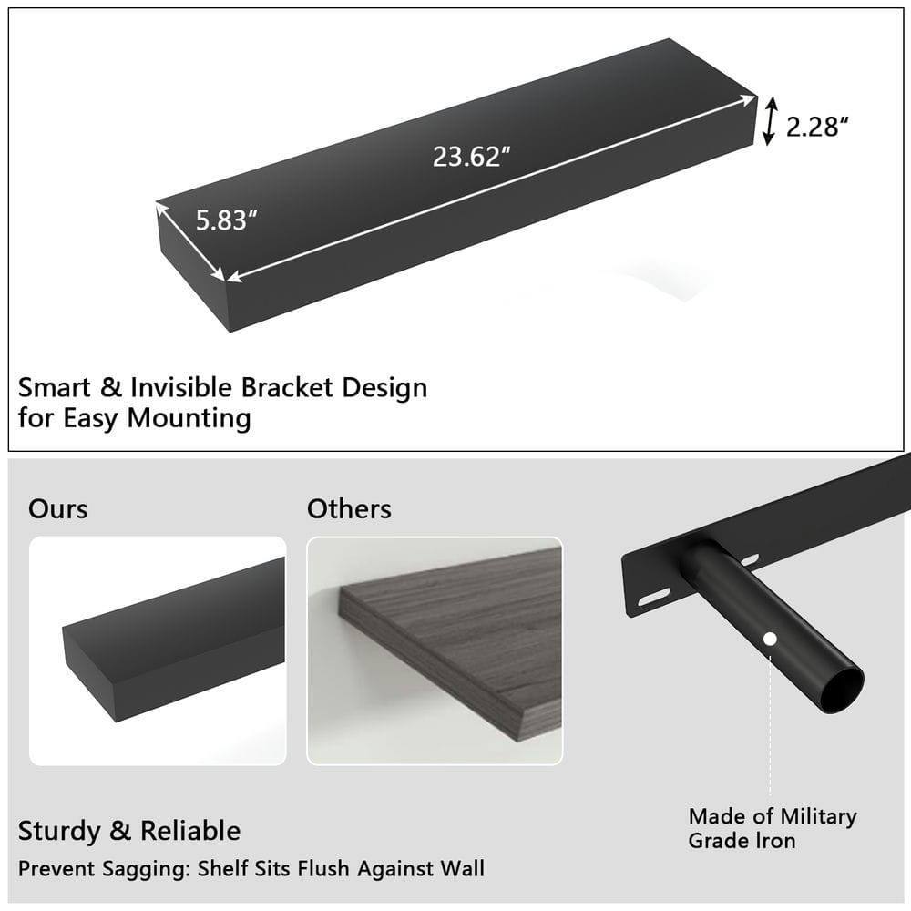 23.62" 2.28" 5.83" Smart & Invisible Bracket Design for Easy Mounting  
Ours Others  
Sturdy & Reliable Prevent Sagging: Shelf Sits Flush Against Wall  
Made of Military Grade Iron