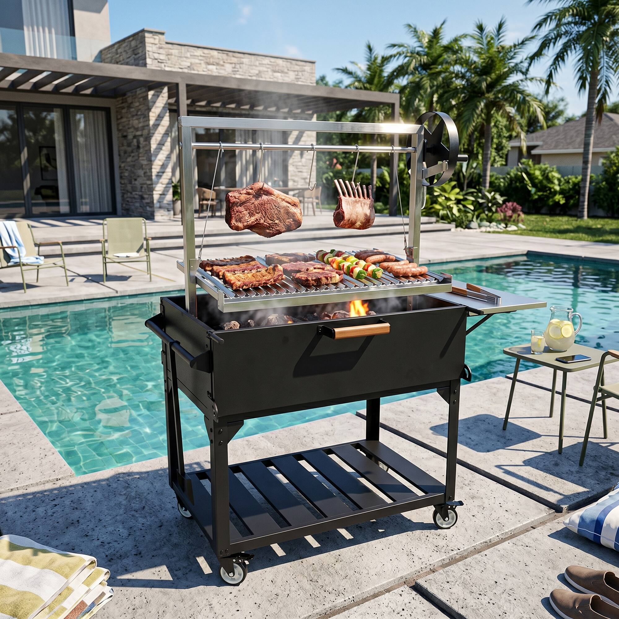 Back. Famapy - Heavy-Duty Argentine Santa Maria BBQ Grill, Adjustable Wood/Charcoal Cart with Firebricks & 304 Steel Grate for Patio - Black.