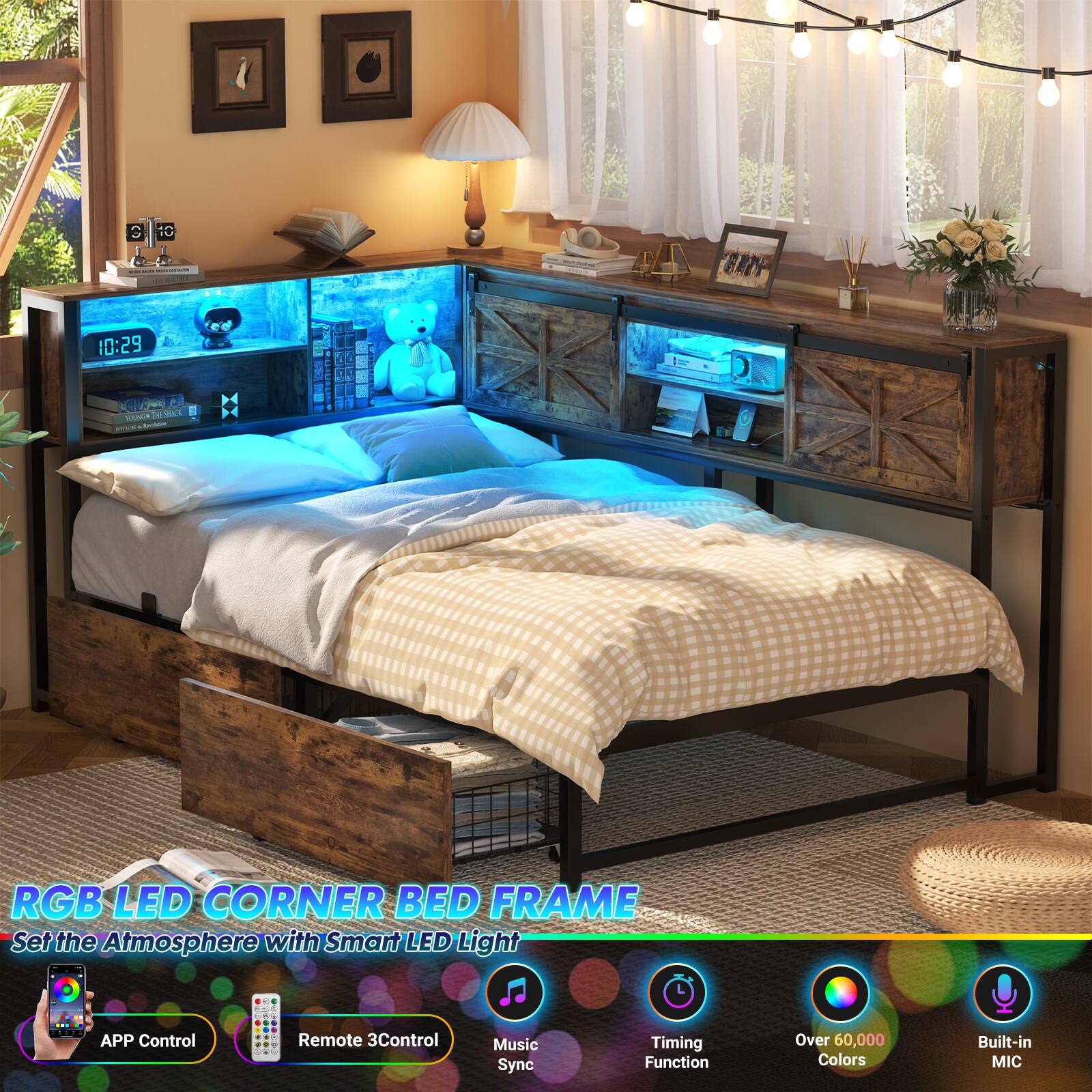 e) 10 : : I 10:29 C VENLE d SCE - I H X4 RGB LED CORNER BED FRAME

Set the Atmosphere with Smart LED Light
- APP Control
- Remote 3Control
- Music Sync
- Timing Function
- Over 60,000 Colors
- Built-in MIC