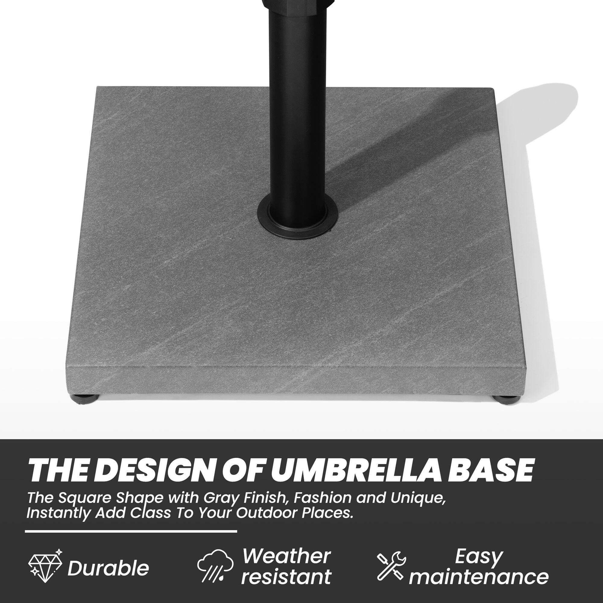 THE DESIGN OF UMBRELLA BASE

The Square Shape with Gray Finish, Fashion and Unique, Instantly Add Class To Your Outdoor Places.

- Durable
- Weather resistant
- Easy maintenance