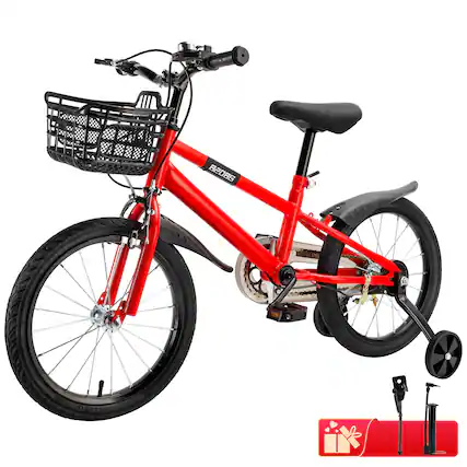 Front. Topteng - 16" Kids Bike with Training Wheels & Basket - Adjustable Seat, Dual Brakes, High-Carbon Steel Frame, Red for Toddlers - Red.