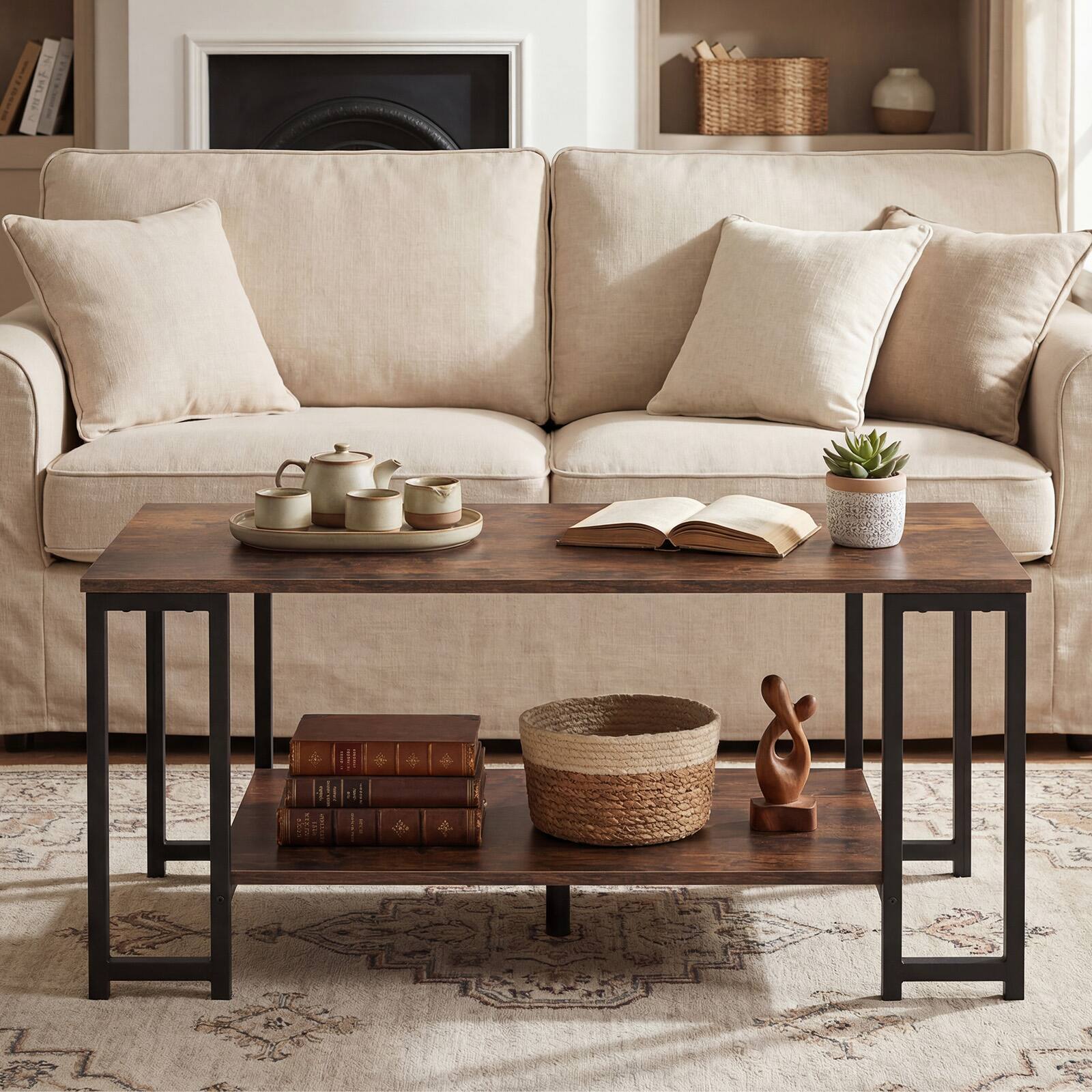 Alt View 4. Costway - Costway 2-Tier Coffee Table, Modern Accent Table with Open Storage Shelf, Center Table - Rustic Brown.