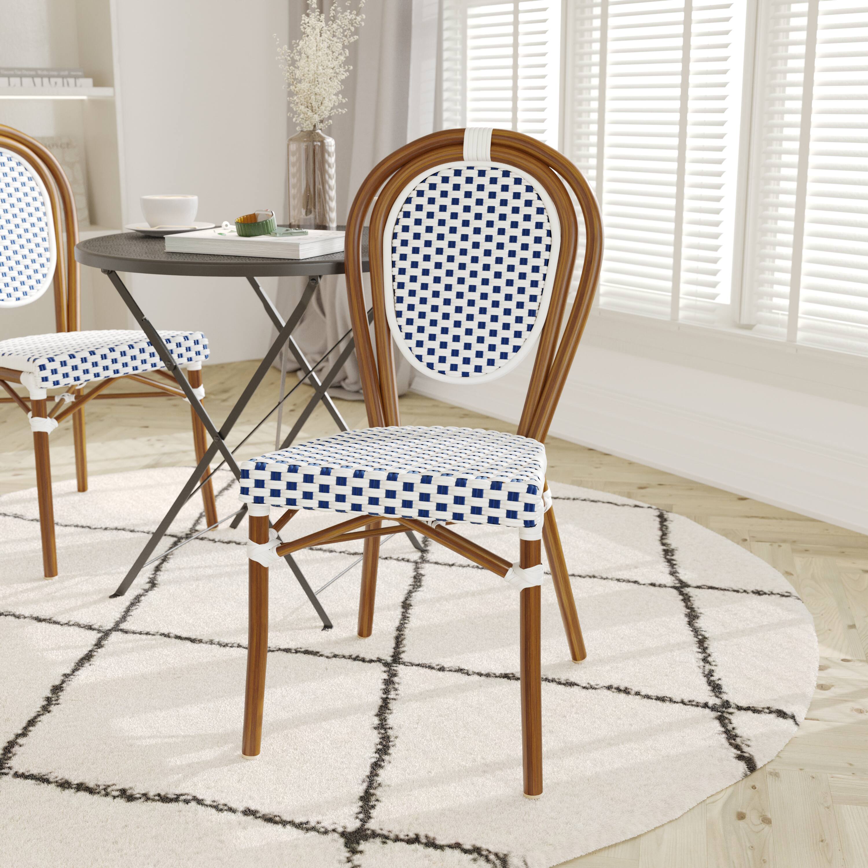Alt View 1. Emma + Oliver - Colmar Indoor/Outdoor Stacking Thonet Bistro Style Chair with PE Rattan Seat and Metal Frame - White & Navy/Natural Frame.