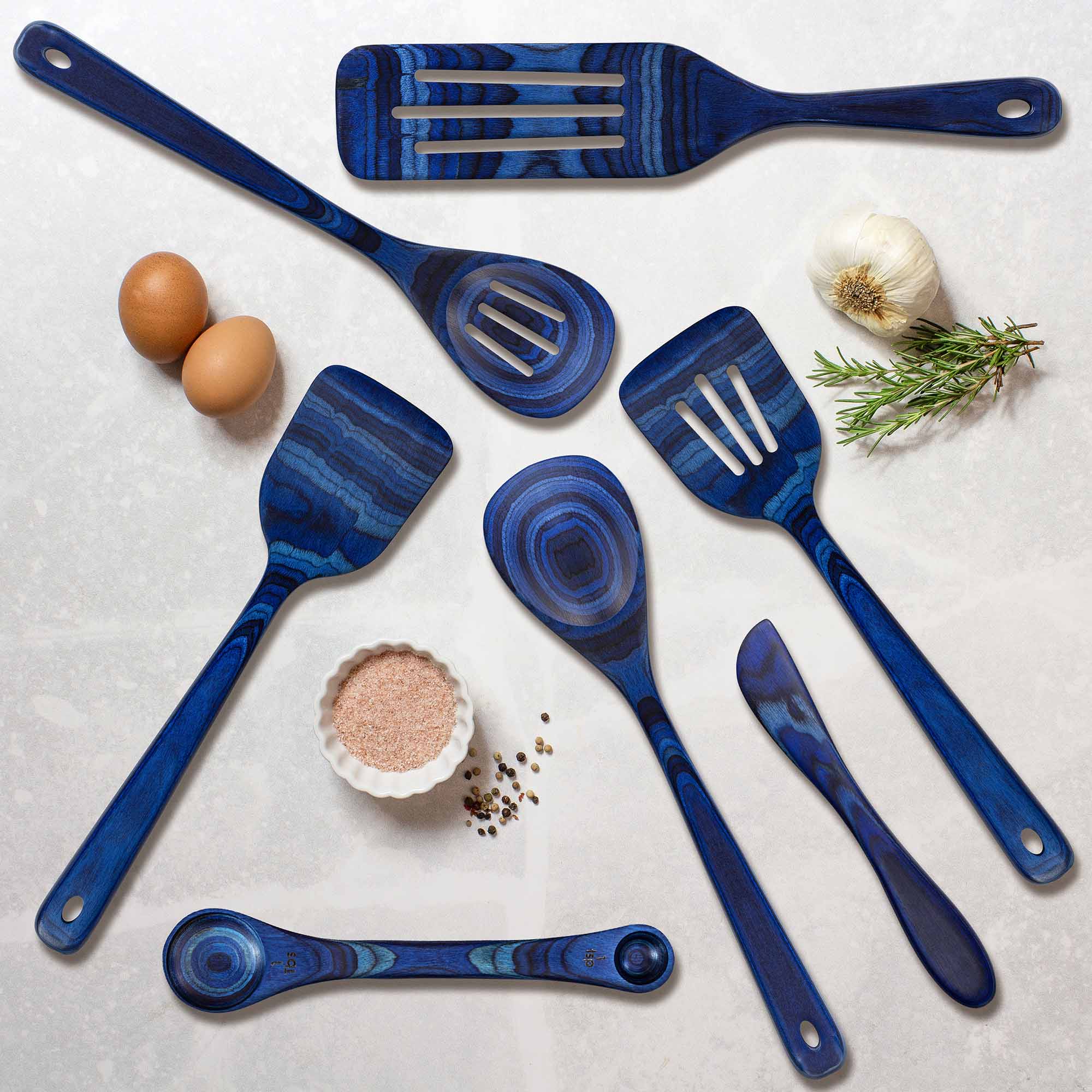 Angle. Baltique - Malta Collection 7 Piece Cooking Utensil Set, Safe for Nonstick - Blue.