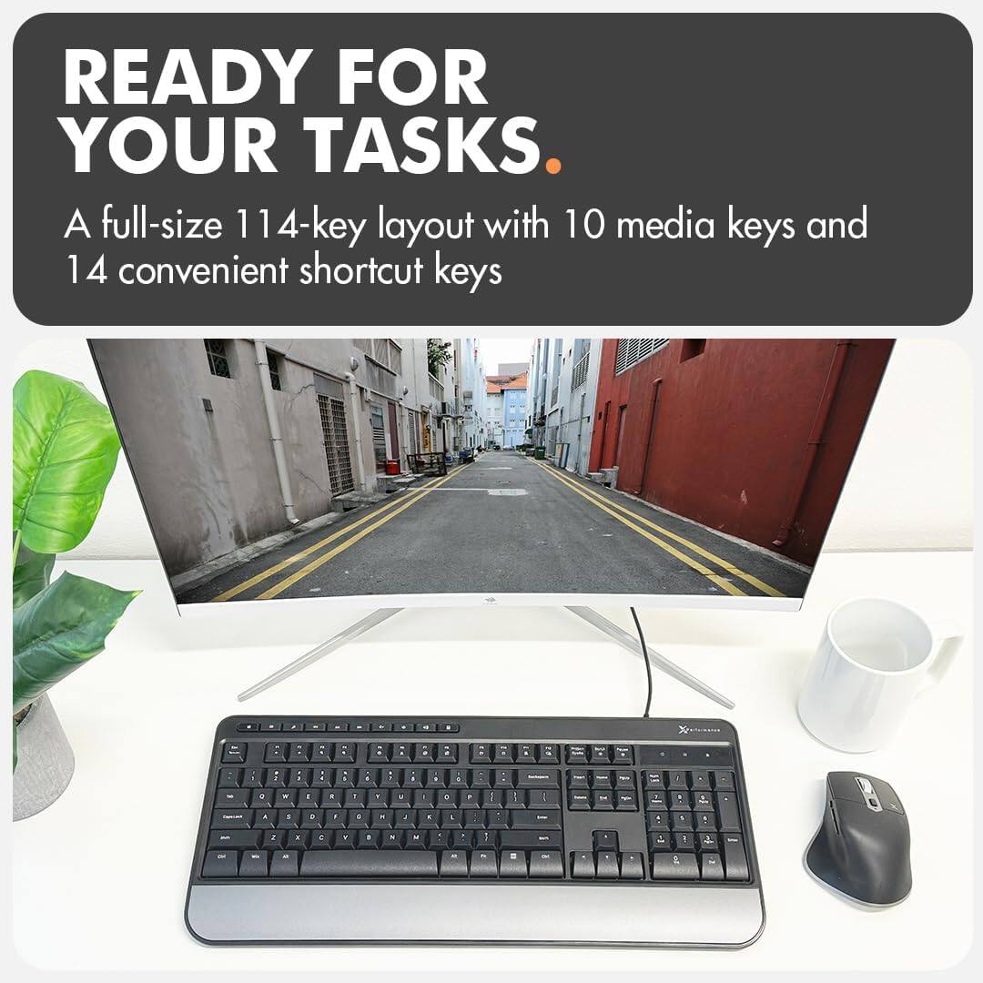 READY FOR YOUR TASKS. A full-size 114-key layout with 10 media keys and 14 convenient shortcut keys.