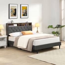GOODSILO - Queen-Size Upholstered Platform Bed Frame with Modern Button-Tufted Headboard and USB Charging Ports - Dark Gray