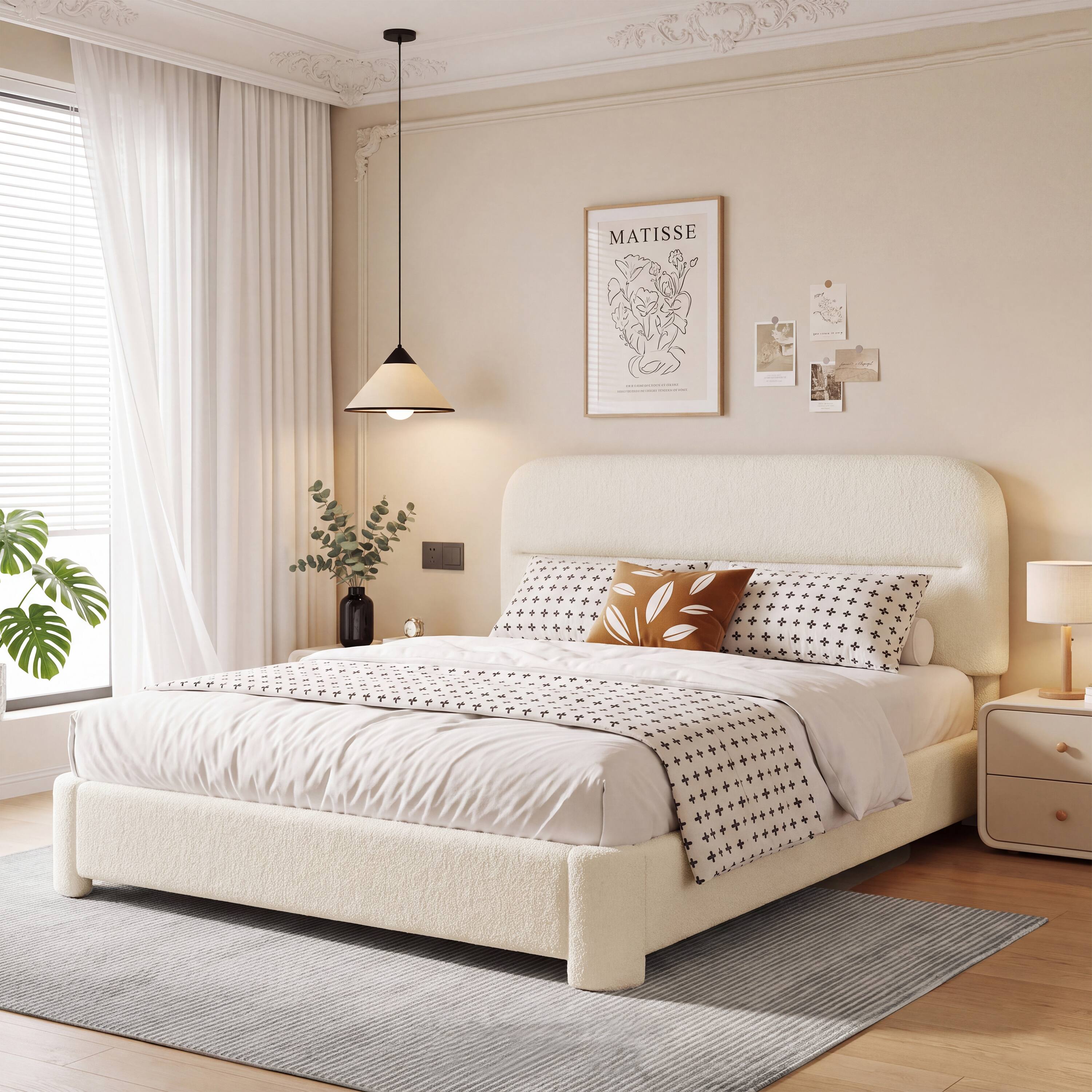 Left. Vipbear - F/Q/K Upholstered Platform Bed Frame | Height Adjustable Headboard, No Box Spring Needed, Works with 8–14" Mattresses - Beige.