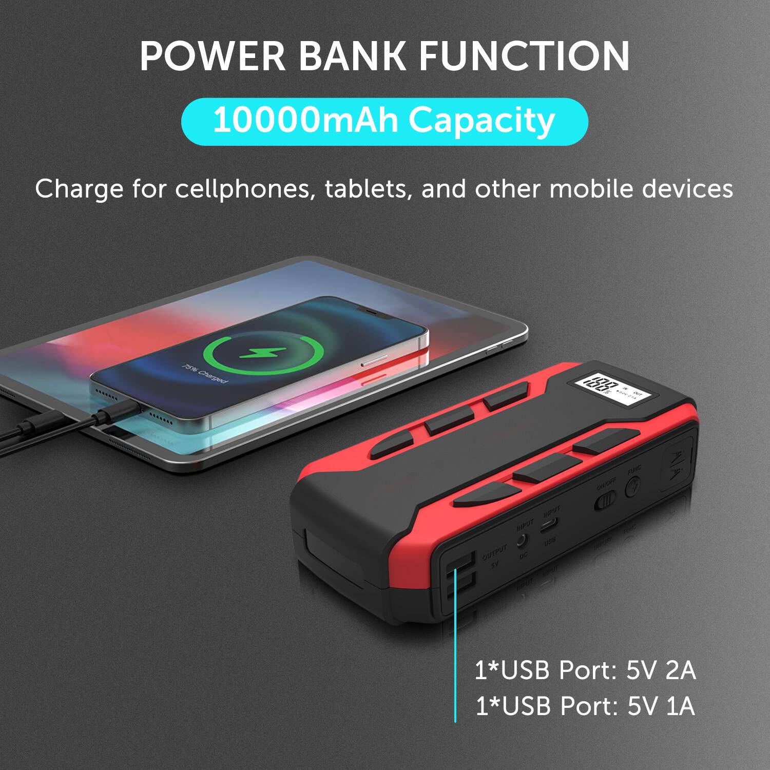 POWER BANK FUNCTION 10000mAh Capacity Charge for cellphones, tablets, and other mobile devices 1*USB Port: 5V 2A 1*USB Port: 5V 1A