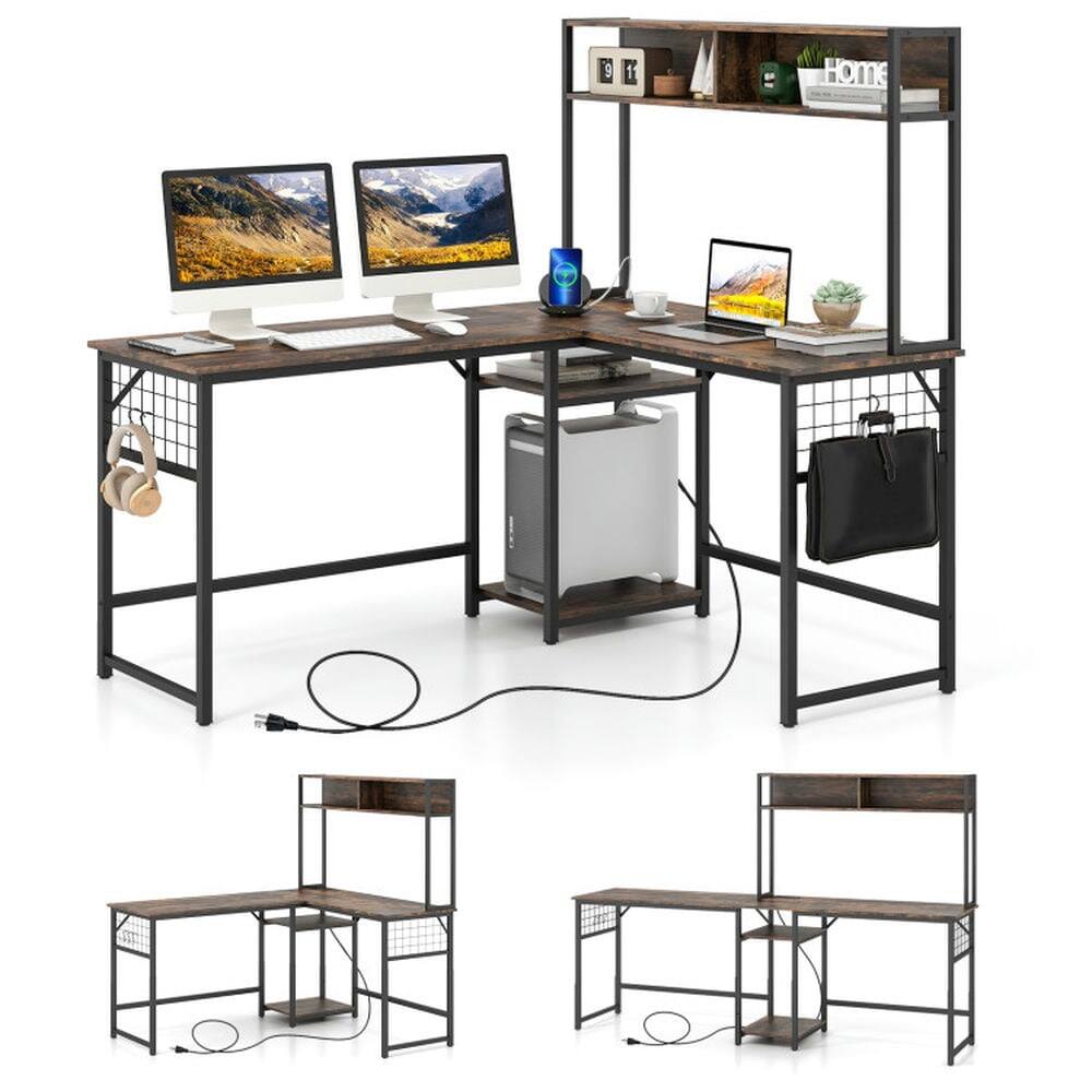 Angle. Resenkos - L-shaped Desk with Power Outlet Hutch-Rustic Brown, Home Office Desks, Gaming Computer Desks for Study,Working,Writing - Brown.