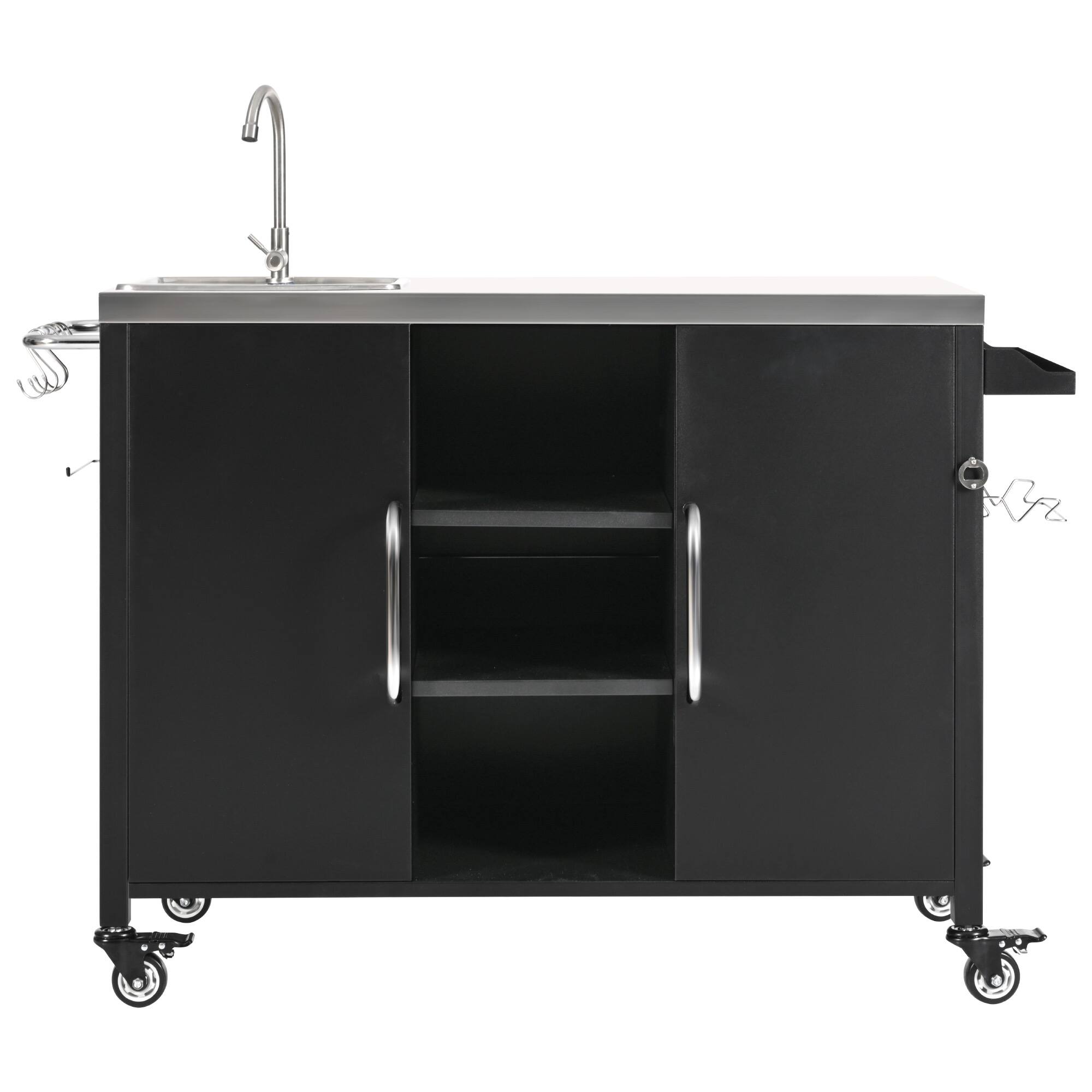 Back. PexFix - 55.5" Outdoor Kitchen Island with 304 Sink & Stainless Top, Metal Grill Cart with Storage, Wheels for Pizza Prep & BBQ - Black.