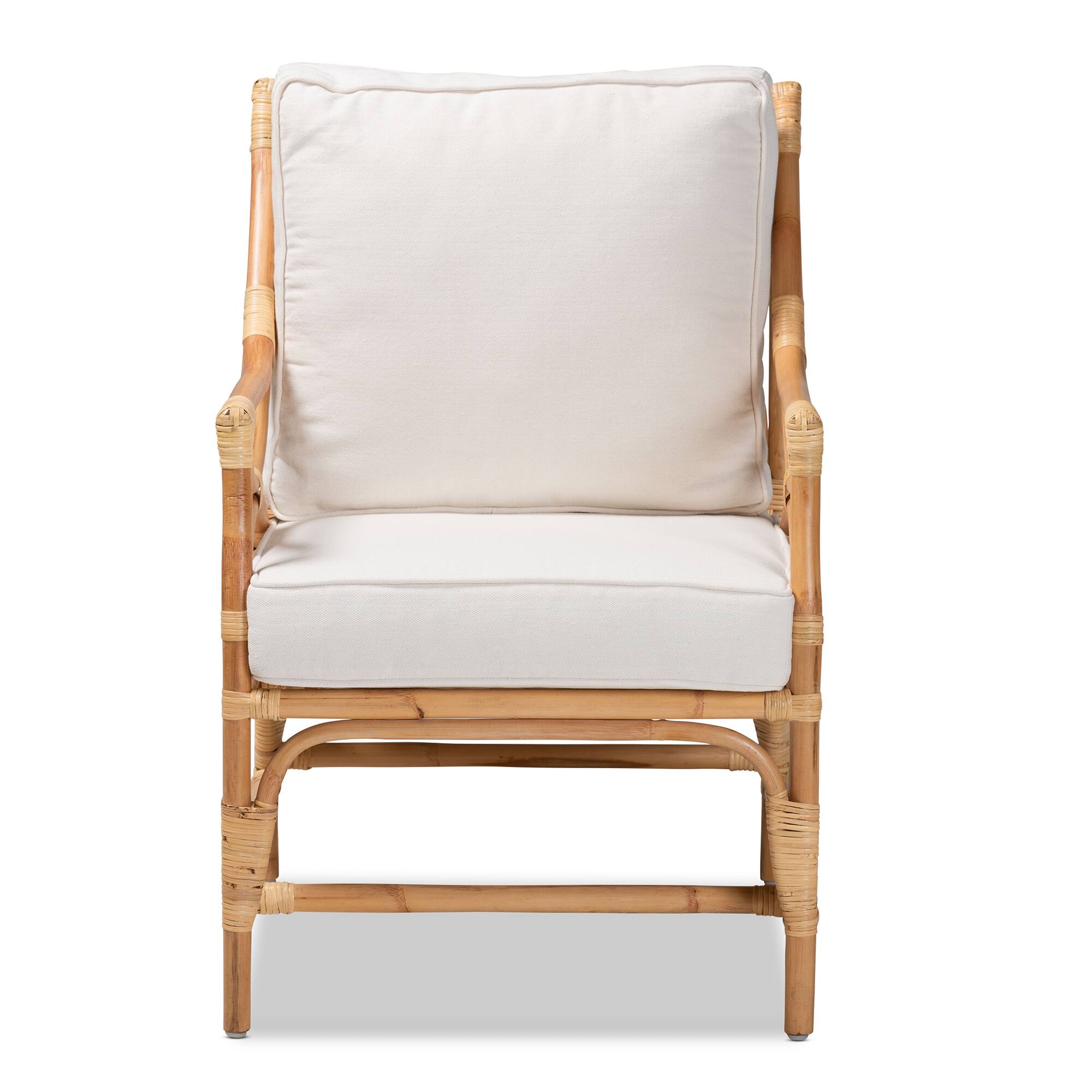 Angle. bali & pari - Brandon Modern Bohemian Fabric Upholstered and Rattan Armchair - White/Natural Brown.