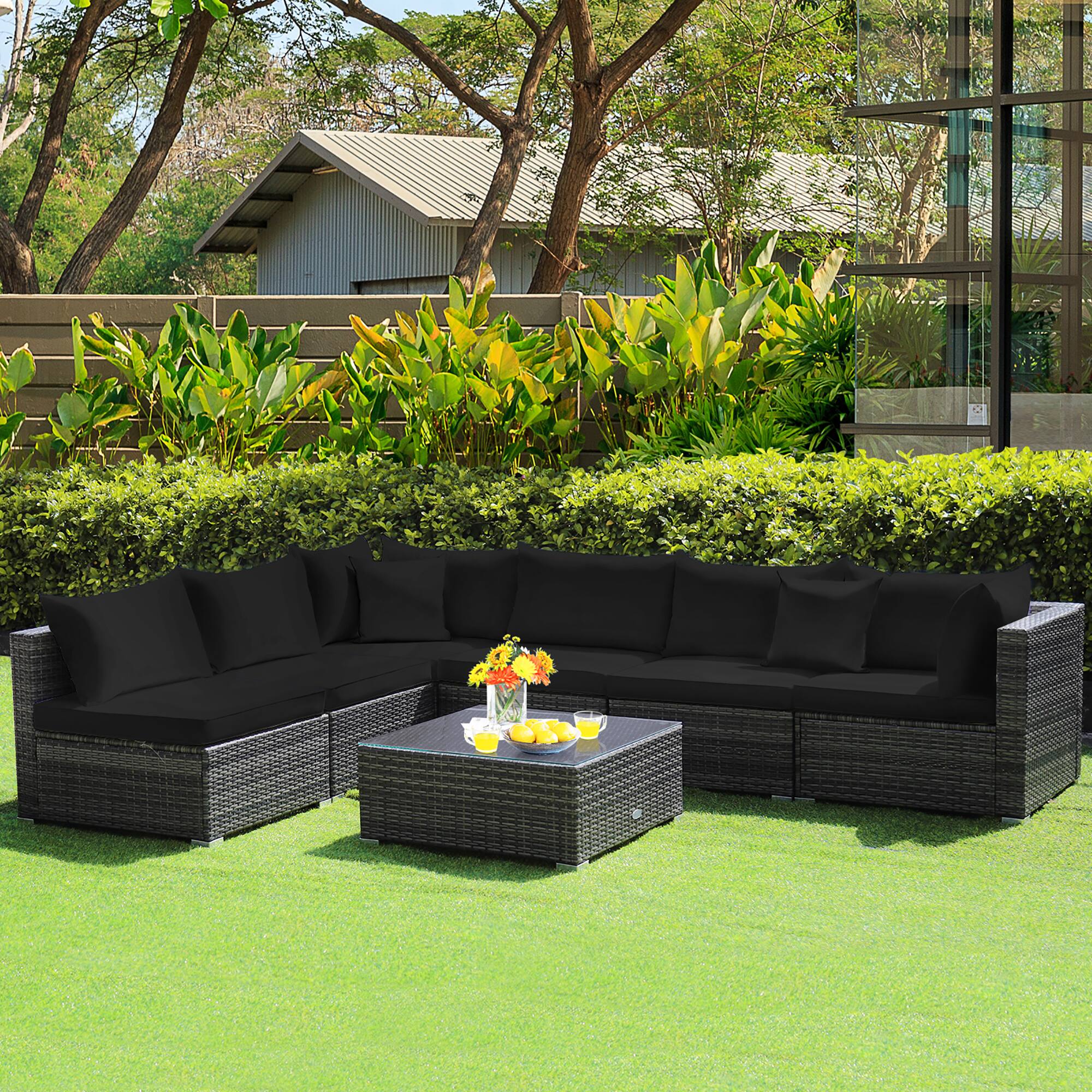 Alt View 3. Costway - 7PCS Patio Rattan Furniture Set Sectional Sofa Cushioned Garden - Black.