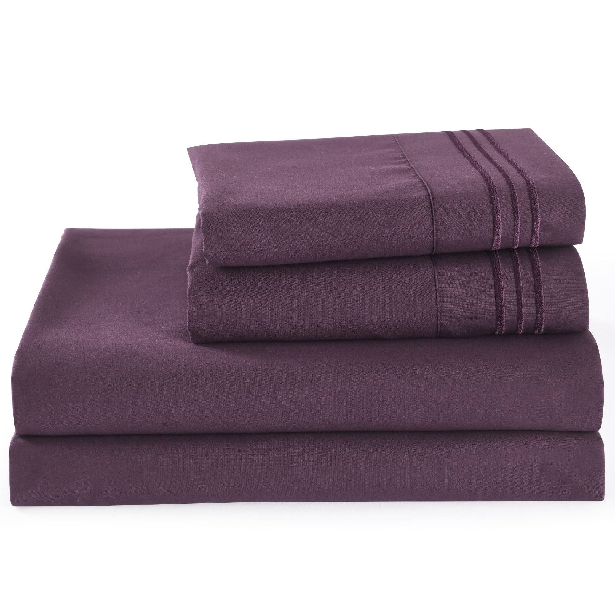 Angle. MarCielo - Marcielo 3/4 Pcs Soft Solid & Embroidery Bed Sheets Set - Dark Purple.