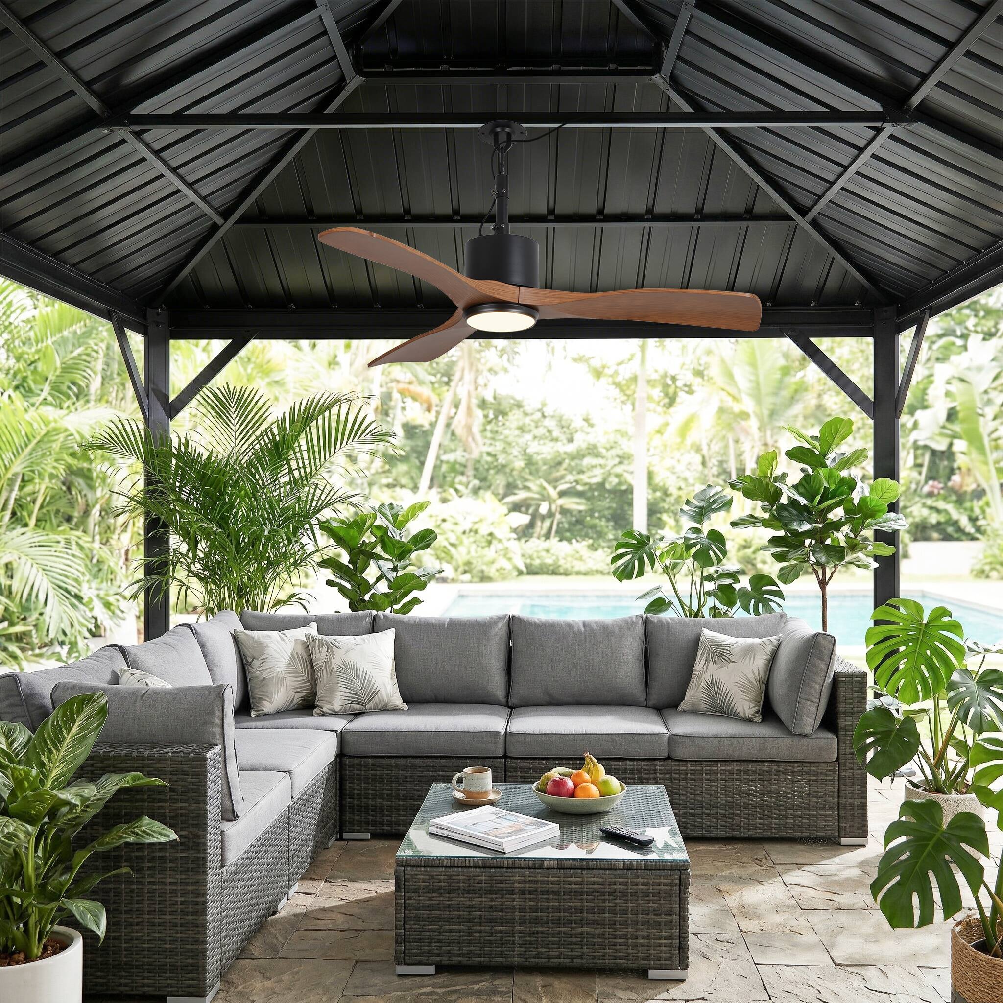 Back. Parrot Uncle - 42" Classic Waterproof Wet Outdoor Gazebo Hook Ceiling Fan with Light and Plug in - Brown.