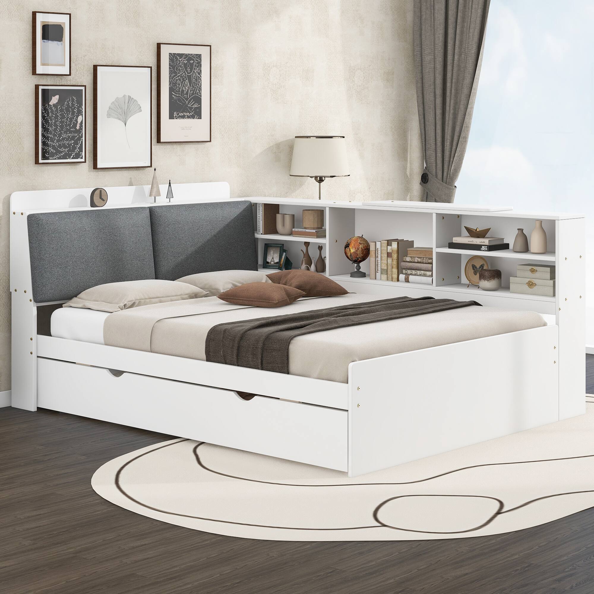 Aukfa Wood Full Size platform bed with Trundle, Shelves and Storage ...