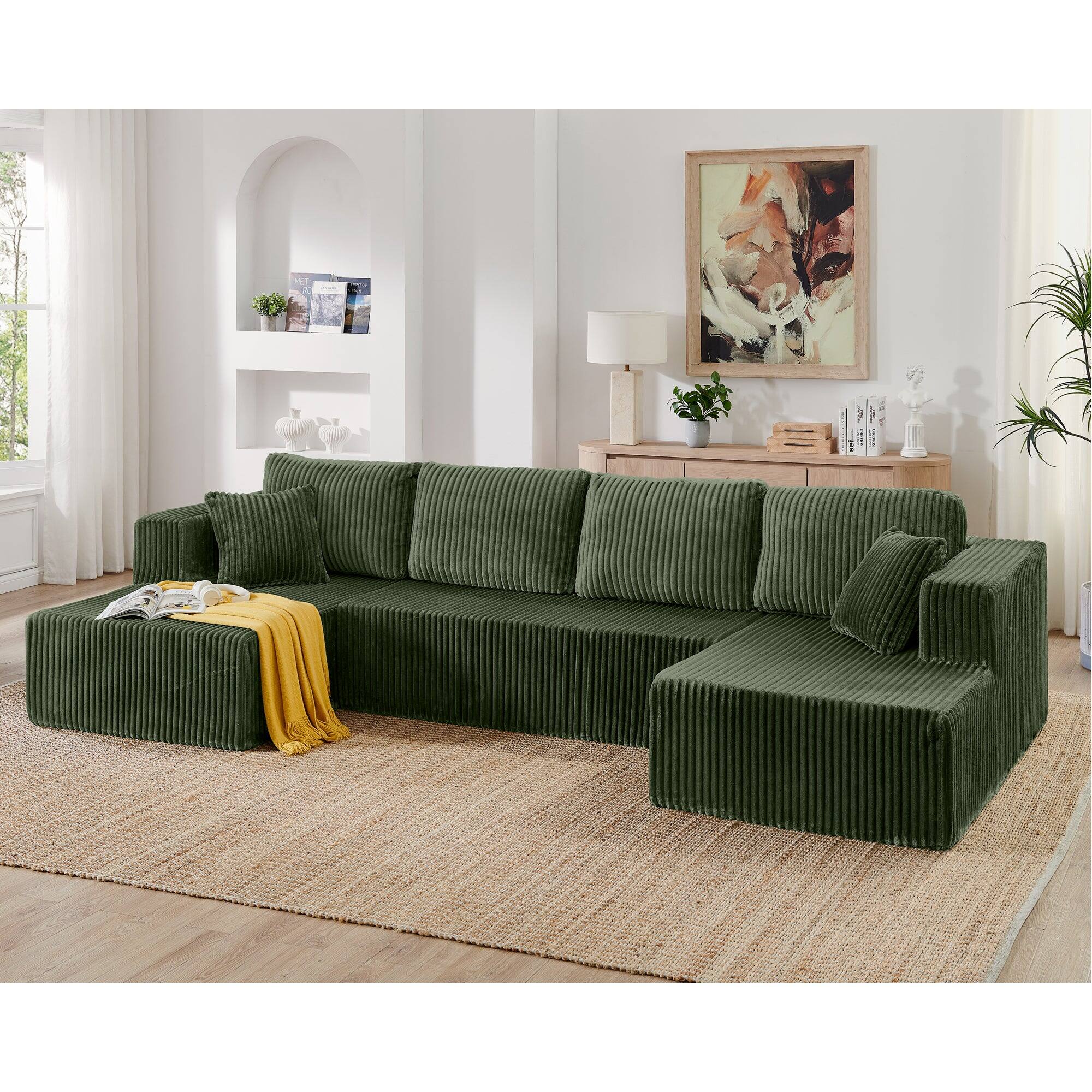 Alt View 3. Boyel Living - U Shape Modular Sectional Sofa Compressed Corduroy Couch Minimalist Sleeper Sofa for Living Room and Bedroom Green - Green.