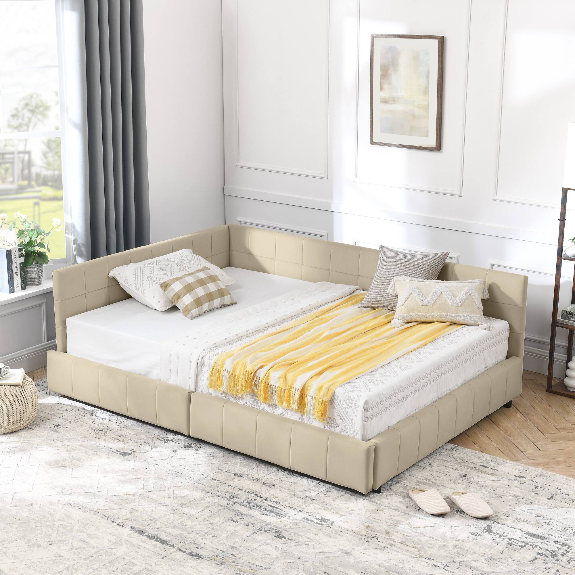 Left. Anysun - Full Size Velvet Tufted Storage Bed Frame - Sofa Bed with Backrest & Armrests for Bedroom or Living Room - Beige.