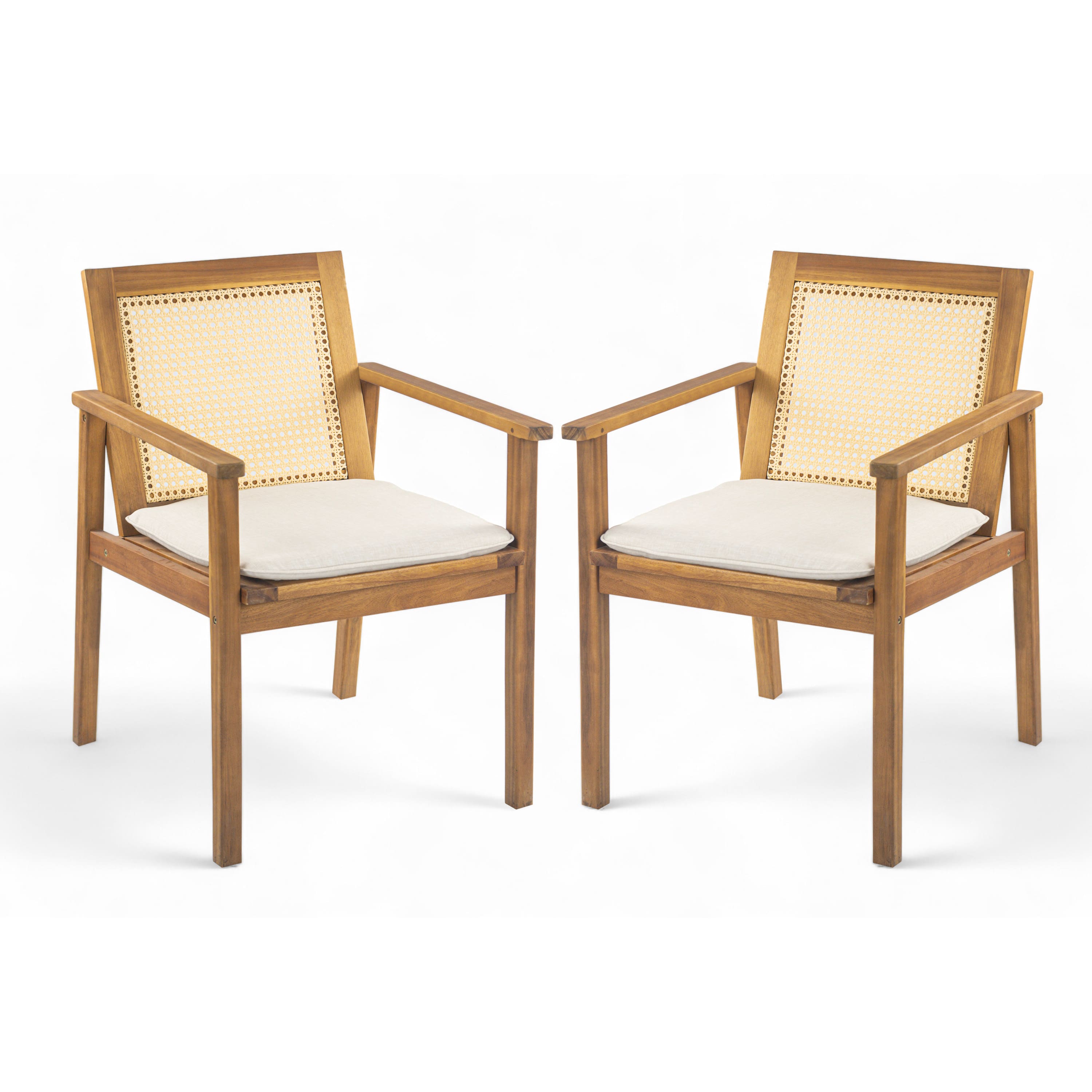 Mondawe - Set of 2 Wicker Outdoor Dining Chair with Cushion - Teak+ Beige
