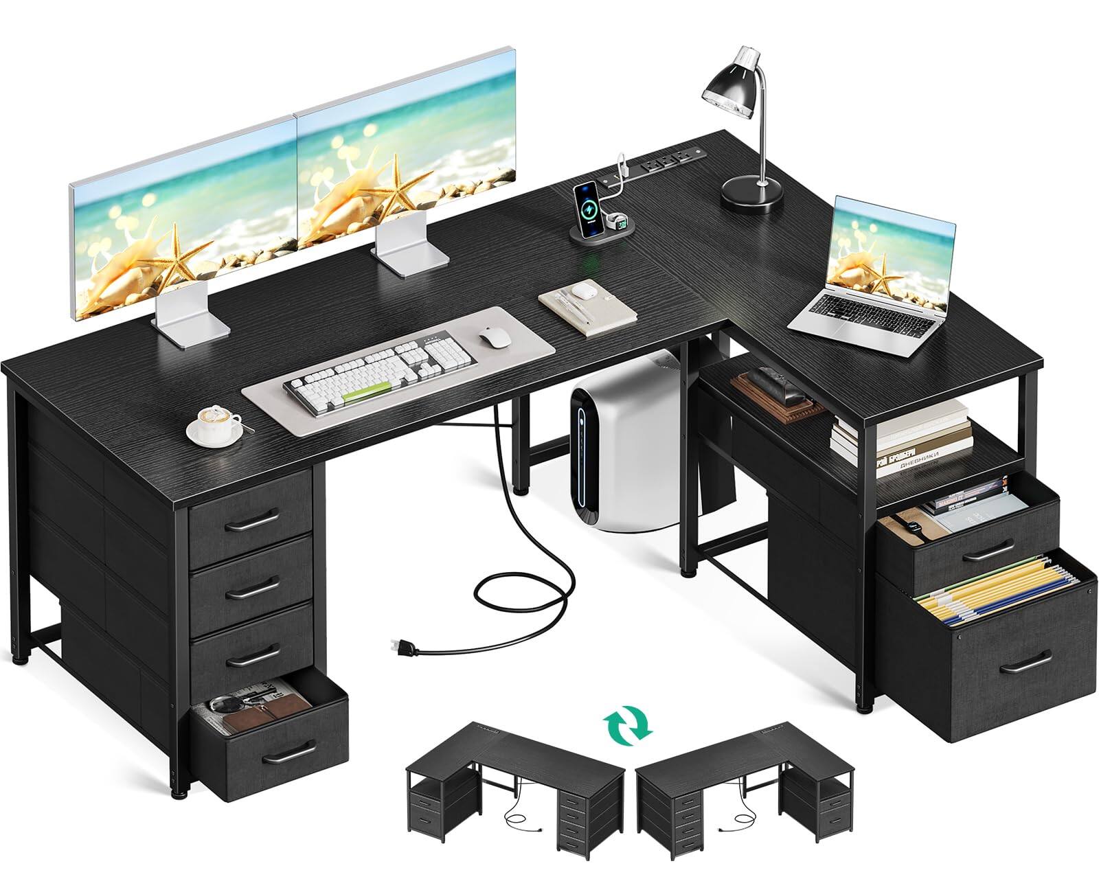 Hirose Alice - Coleshome L Shaped Computer Desk with 6 Drawers & Power Outlet, nch Corner Desk with Reversible Storage She - Black 55 Inch