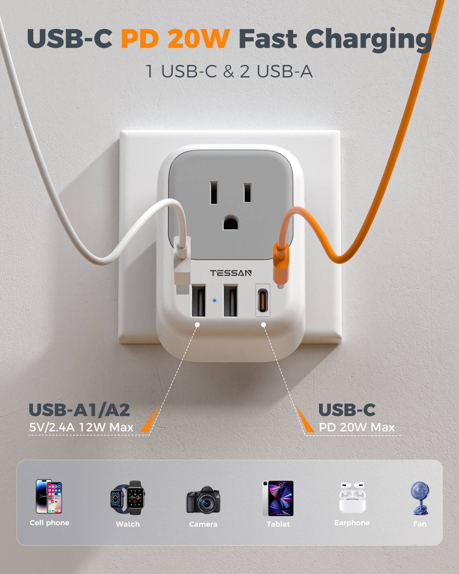 USB-C PD 20W Fast Charging  
1 USB-C & 2 USB-A  

TESSAN  
USB-A1/A2 5V/2.4A 12W Max  
USB-C PD 20W Max  

Cell phone  
Watch  
Camera  
Tablet  
Earphone  
Fan