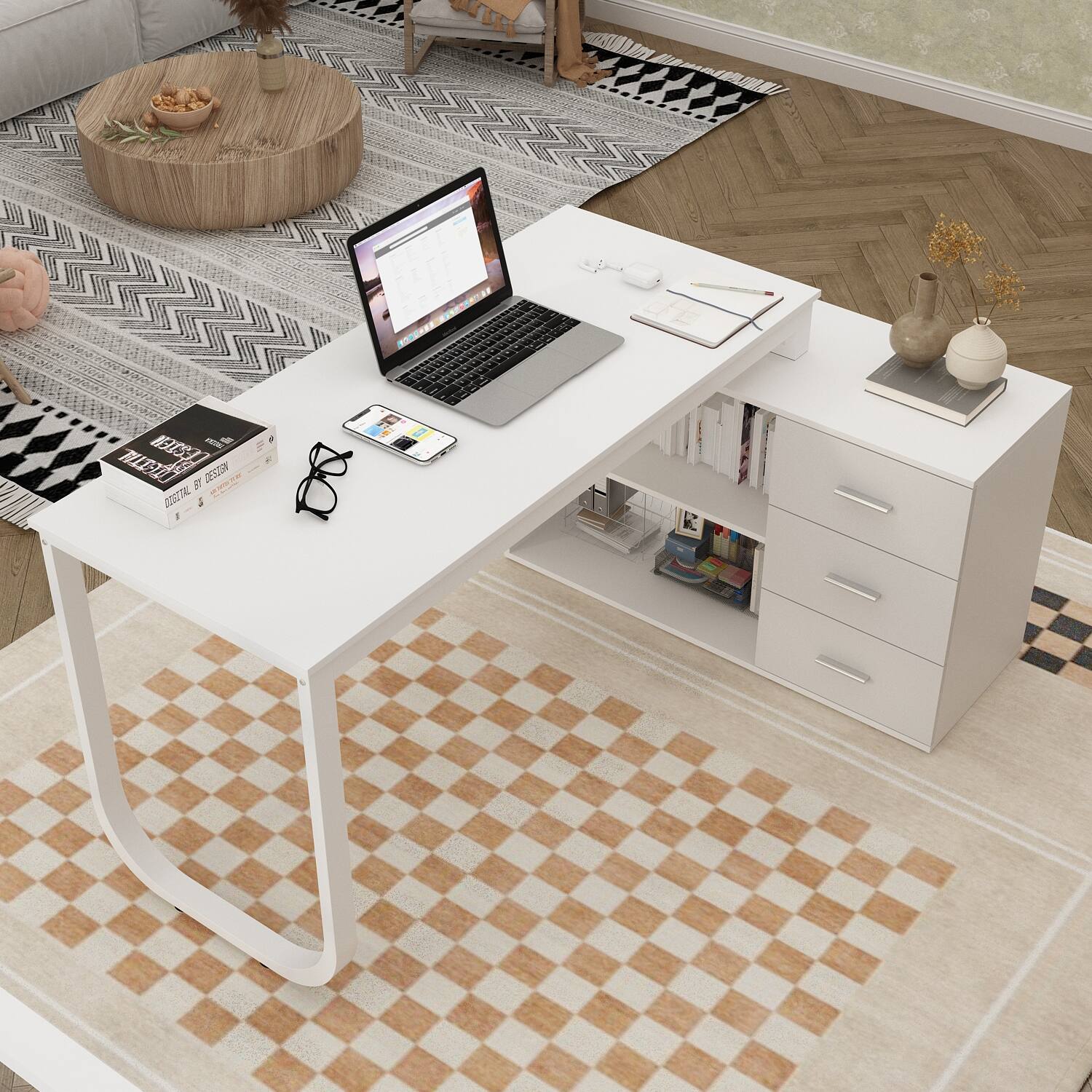 Left. FUFU&GAGA - FUFU&GAGA L - Shaped Office Desk with Storage - Modern Workstation for Home & Office - White.