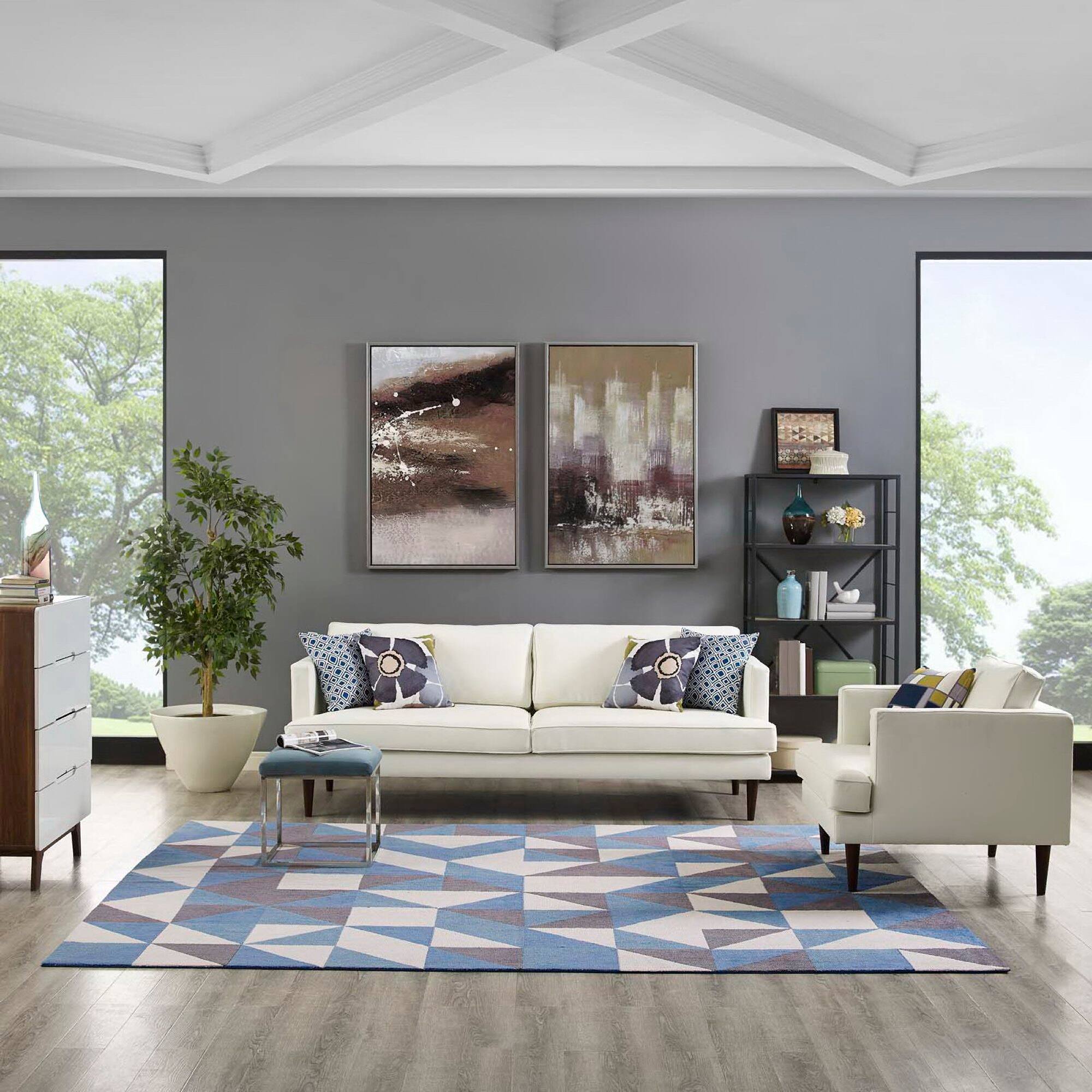 Front. Modway - Kahula Geometric Triangle Mosaic Area Rug - Blue White and Gray.