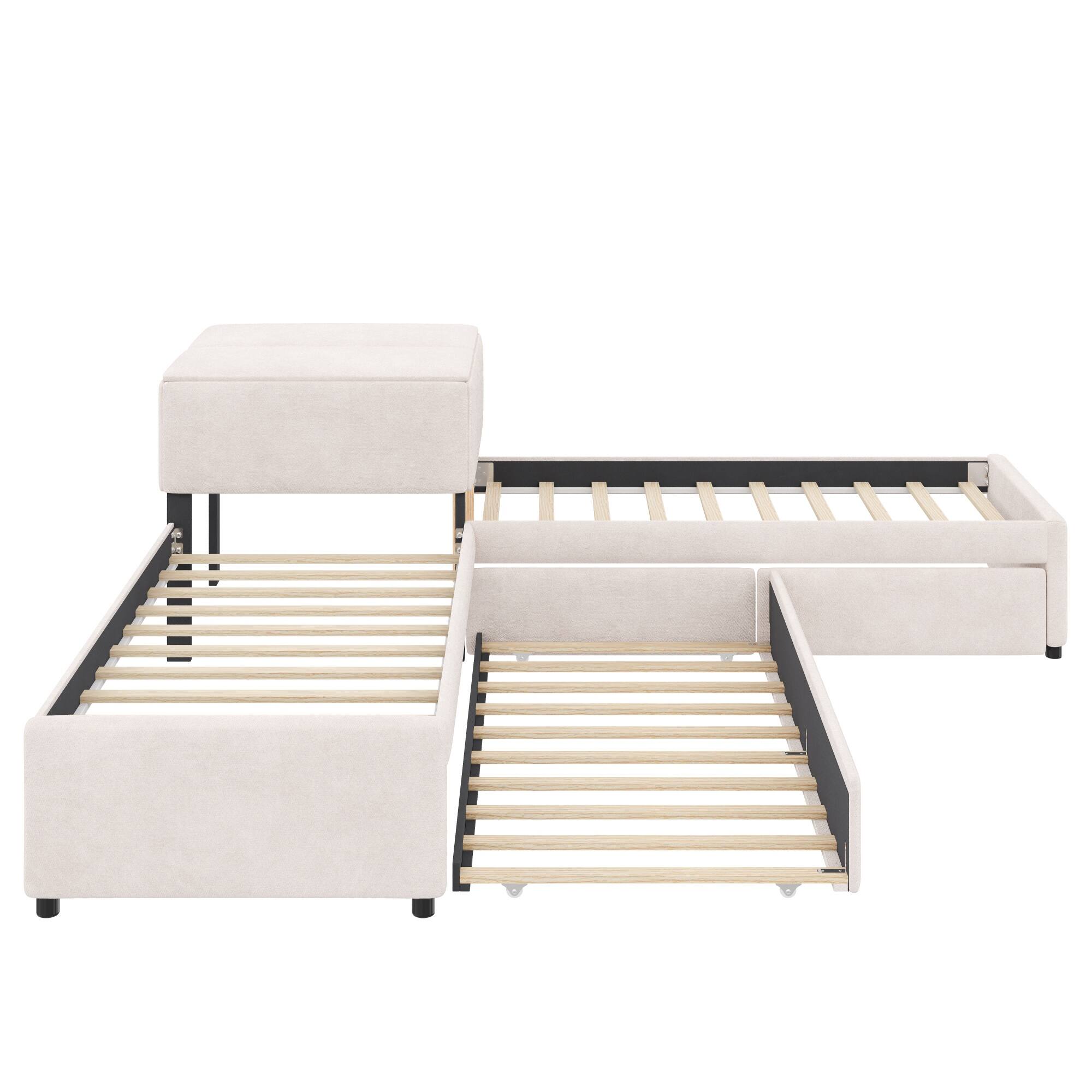 Alt View 1. Whisen - Twin Size 3-Bed L-Shaped Platform Bed with Trundle, Storage Drawers, Built-in Desk, Linen Upholstery - Beige.