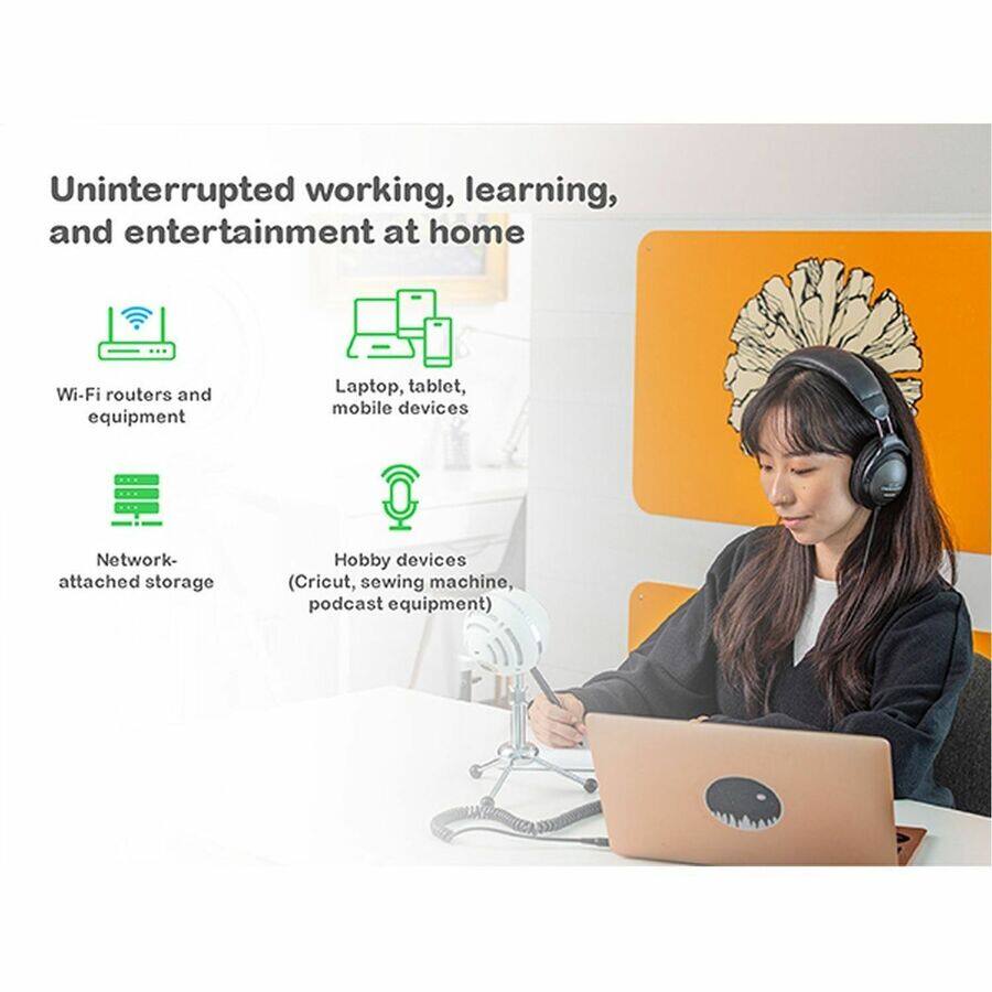 Uninterrupted working, learning, and entertainment at home

- Wi-Fi routers and equipment
- Laptop, tablet, mobile devices
- Network-attached storage
- Hobby devices (Cricut, sewing machine, podcast equipment)