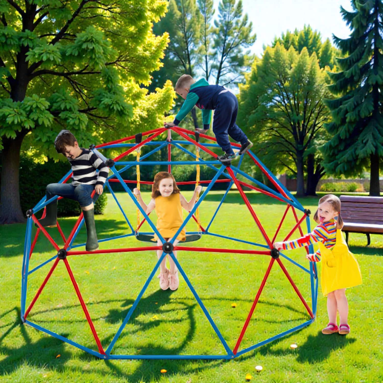 BreeBe - Sturdy 10’ Kids Dome Play Structure with Swing, Built for 800 lbs - Multicolor