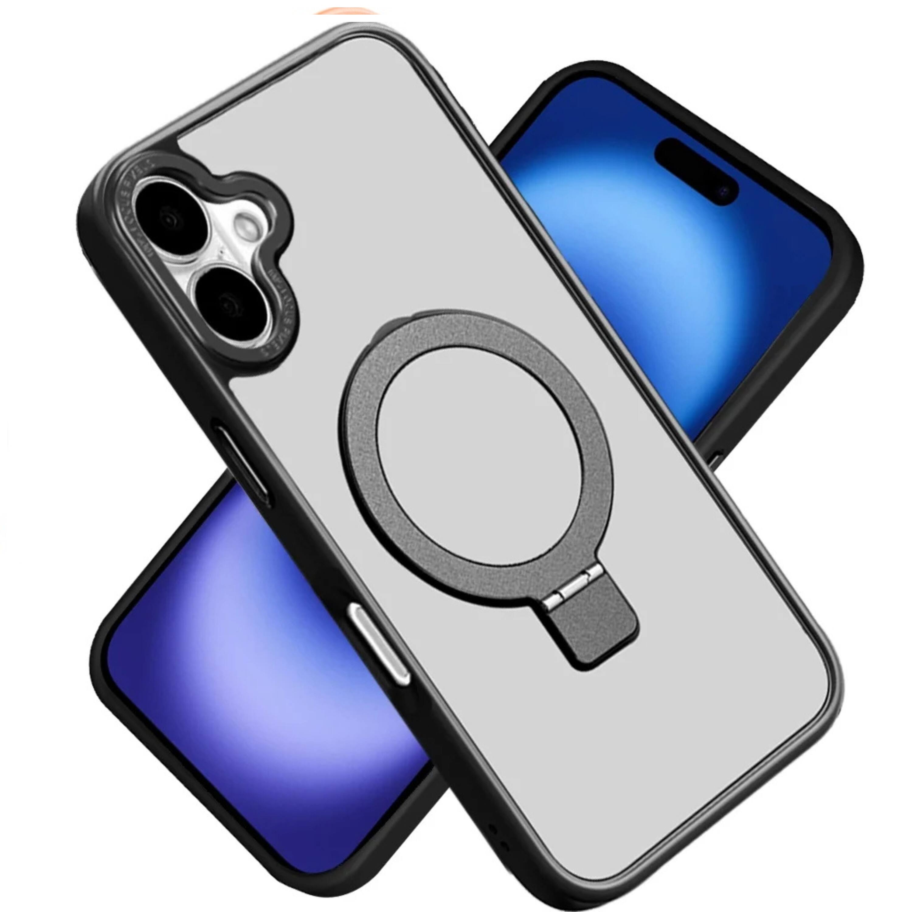 Angle. Kitcheniva - Metal Chrome Magnetic Circle Ring Stand Case With Tempered Glass For iPhone 17 Black - Black.